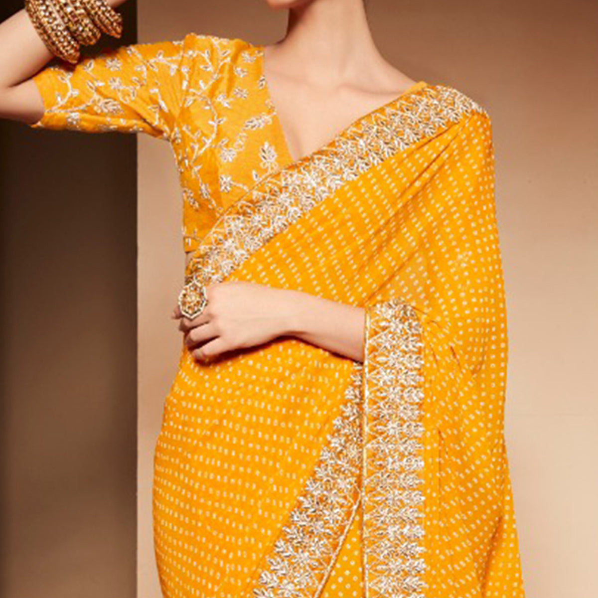 Yellow Bandhani Printed With Embroidered Border Georgette Saree