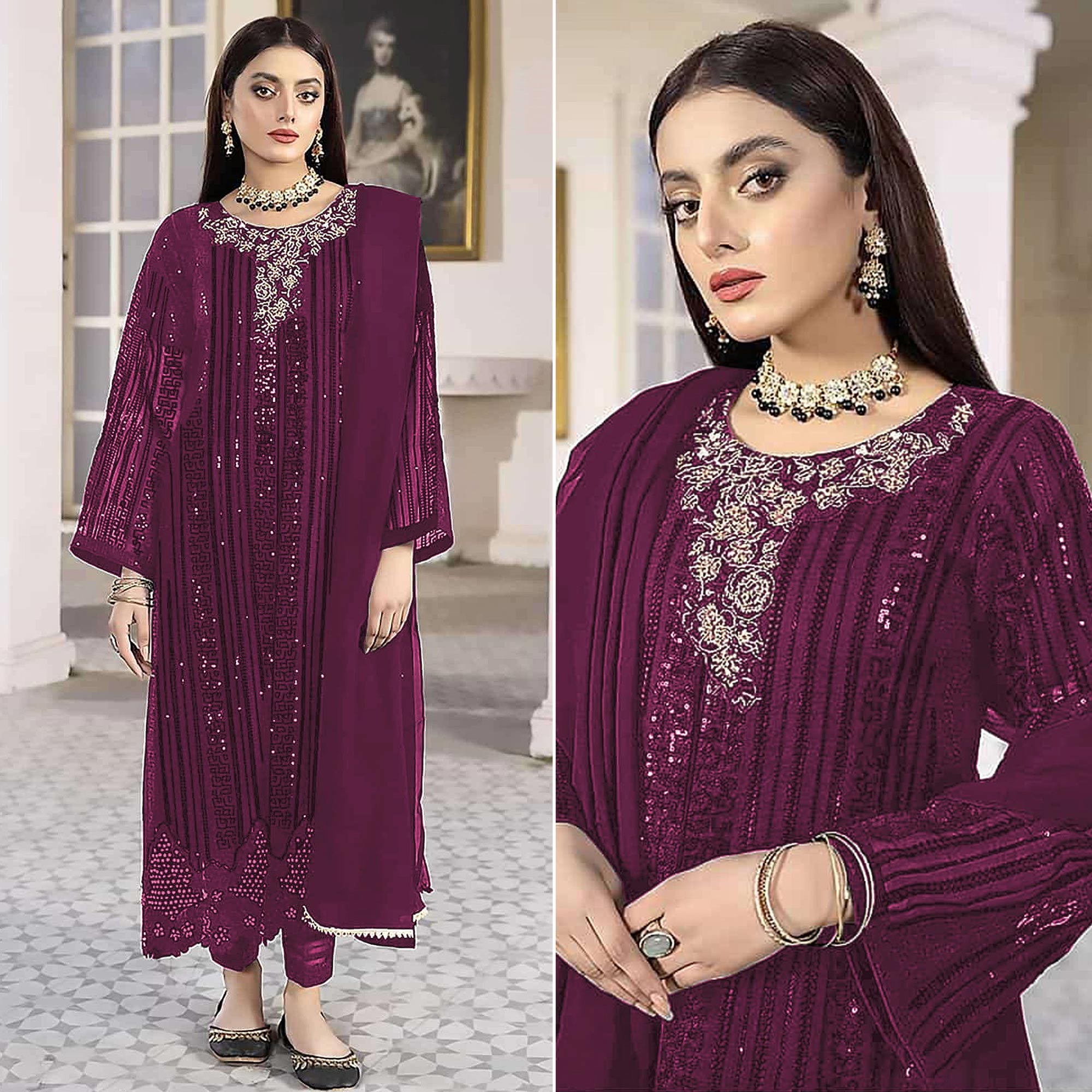 Wine Sequins Embroidered Georgette Pakistani Suit