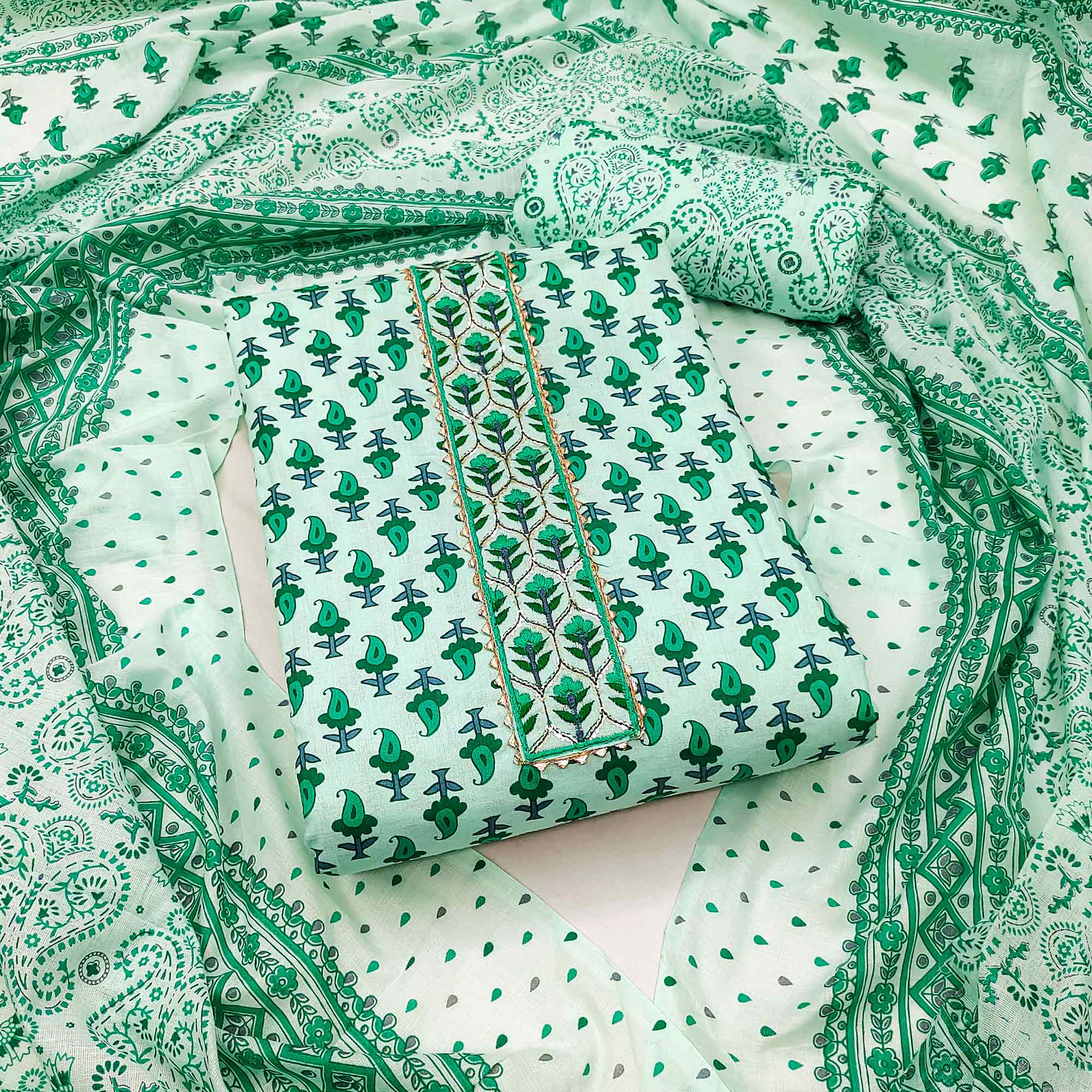 Green Printed Cotton Dress Material