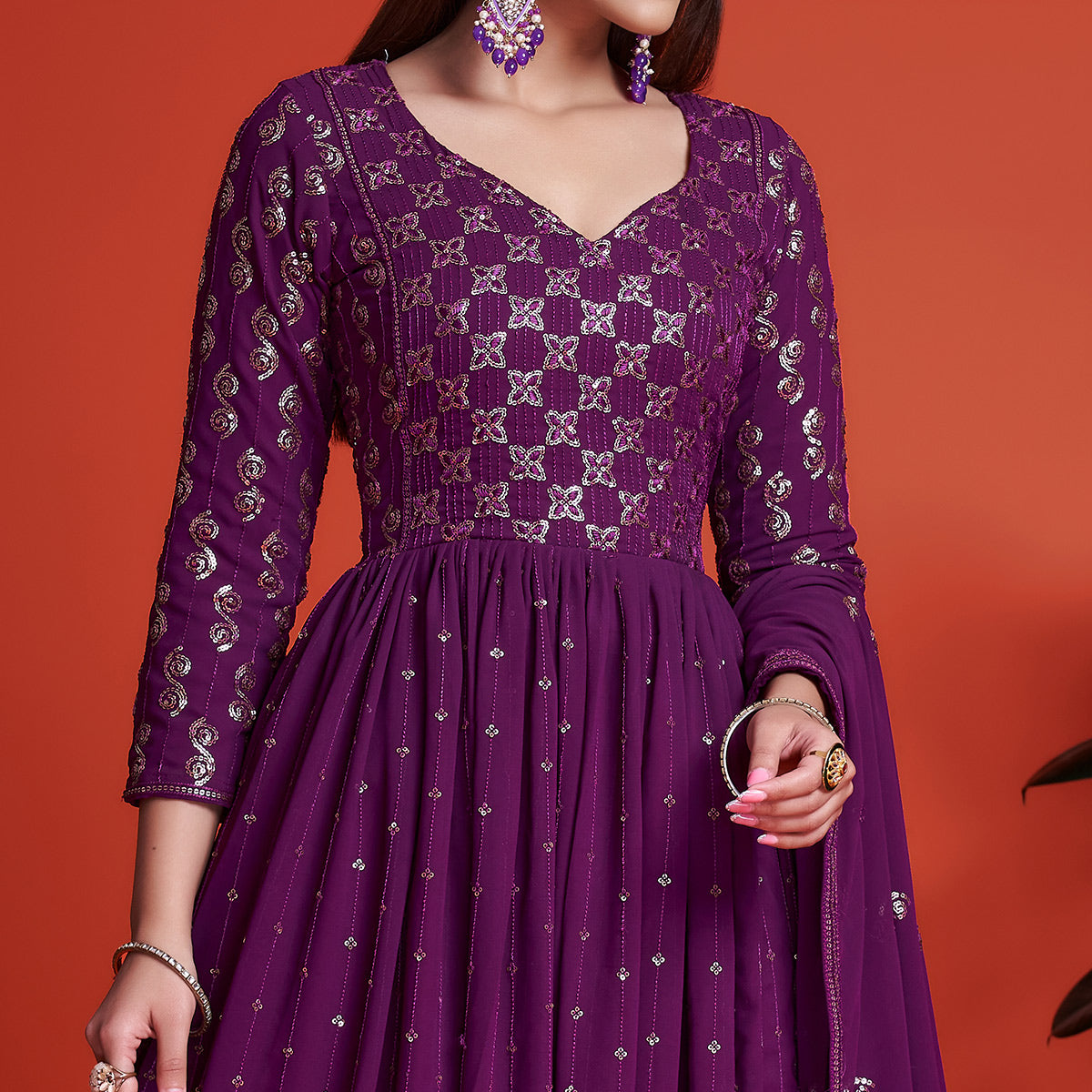 Purple Sequins Embroidered Georgette Gown With Dupatta