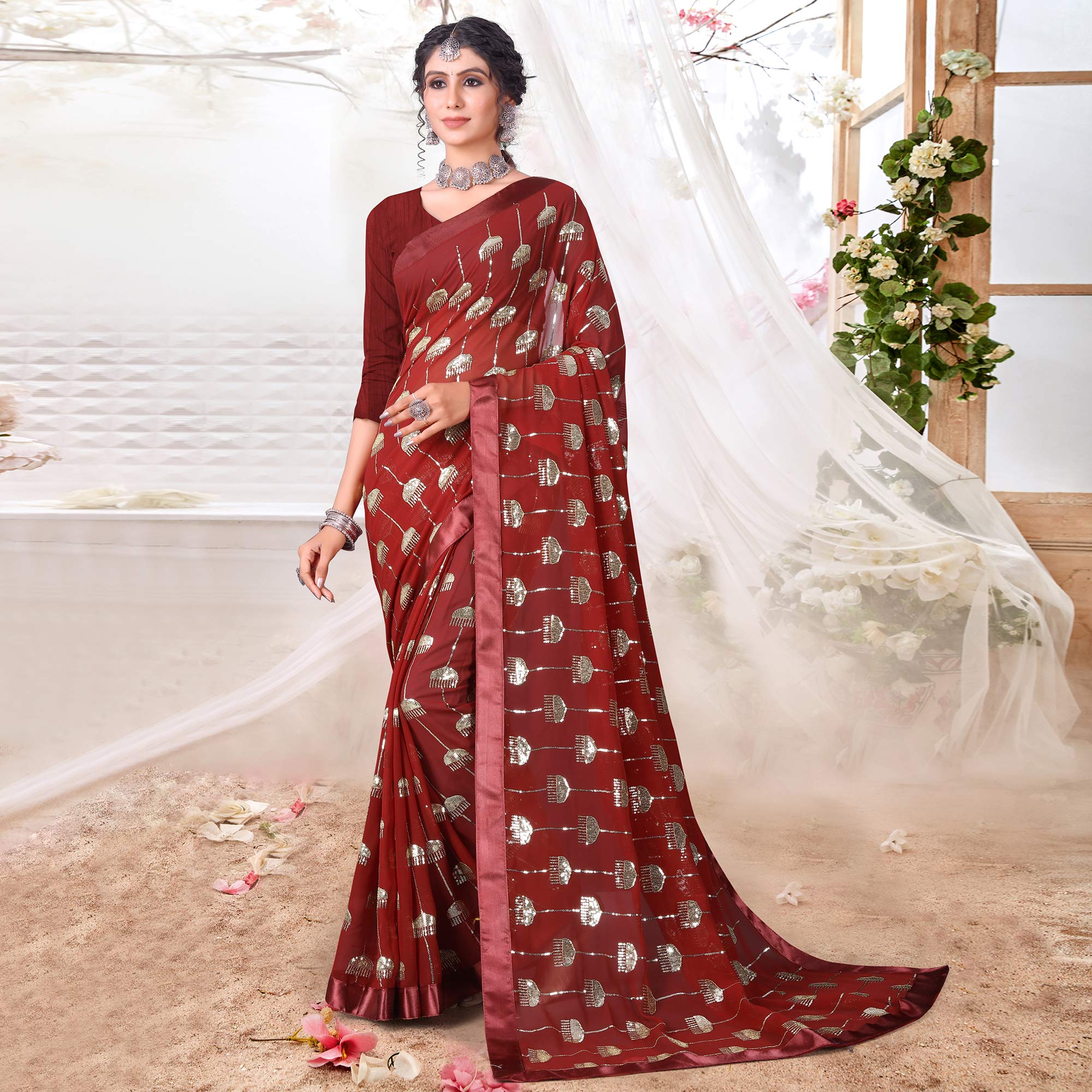 Maroon Sequins Embroidered Georgette Saree