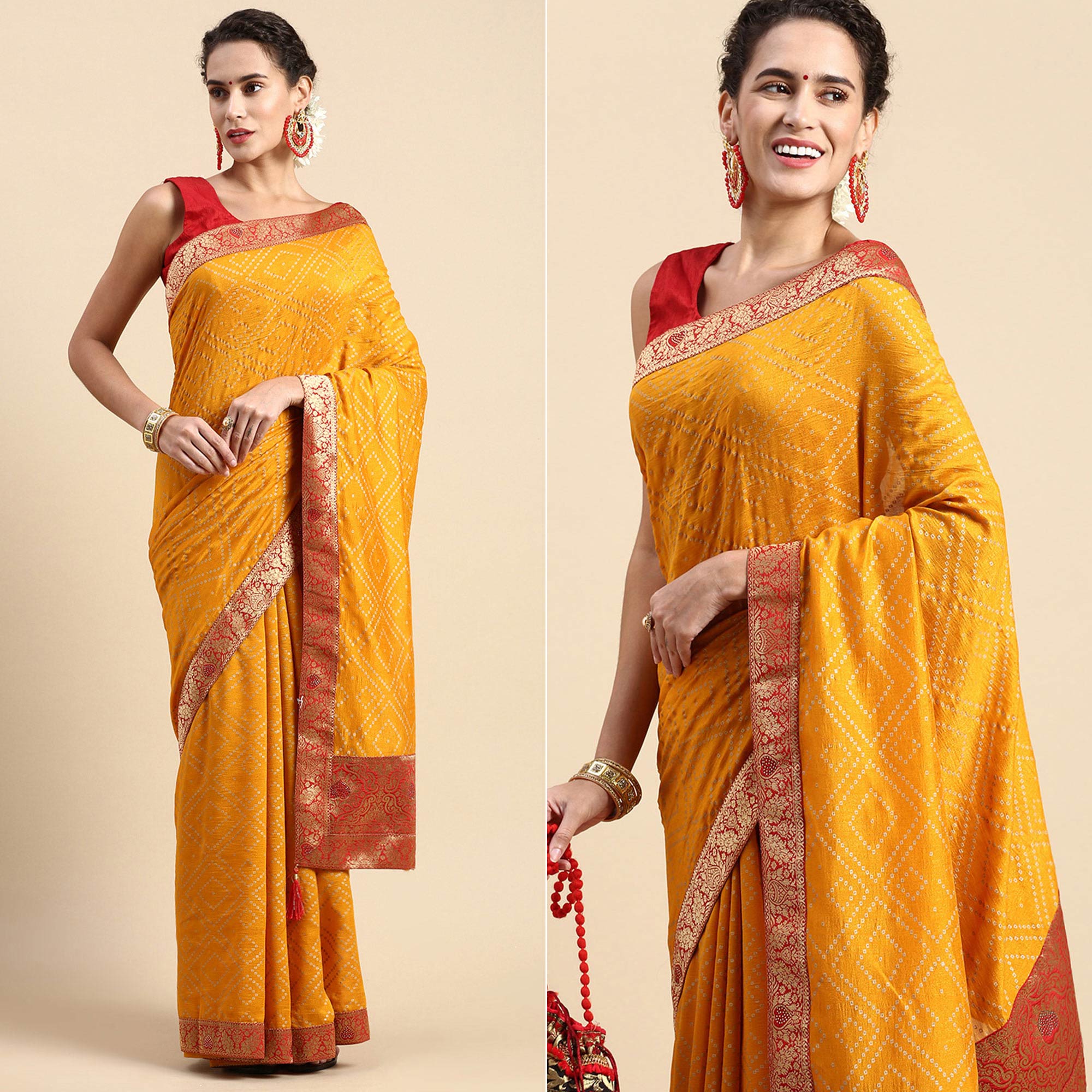 Yellow Foil Printed With Swarovski Vichitra Silk Saree