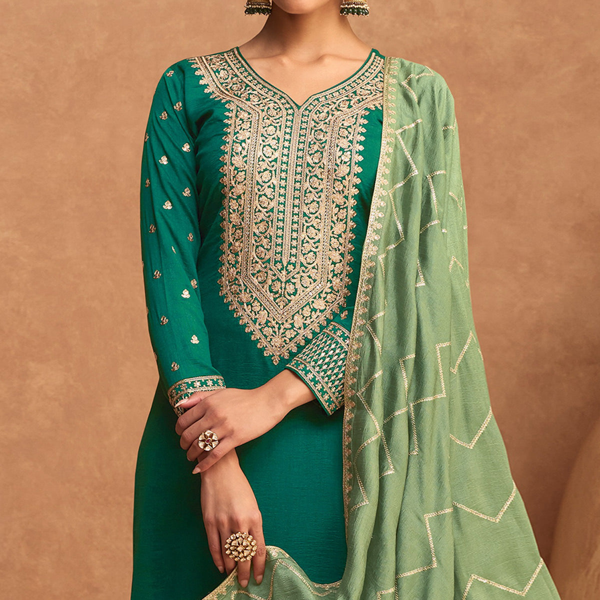 Green Floral Sequins Embroidered Art Silk Semi Stitched Suit