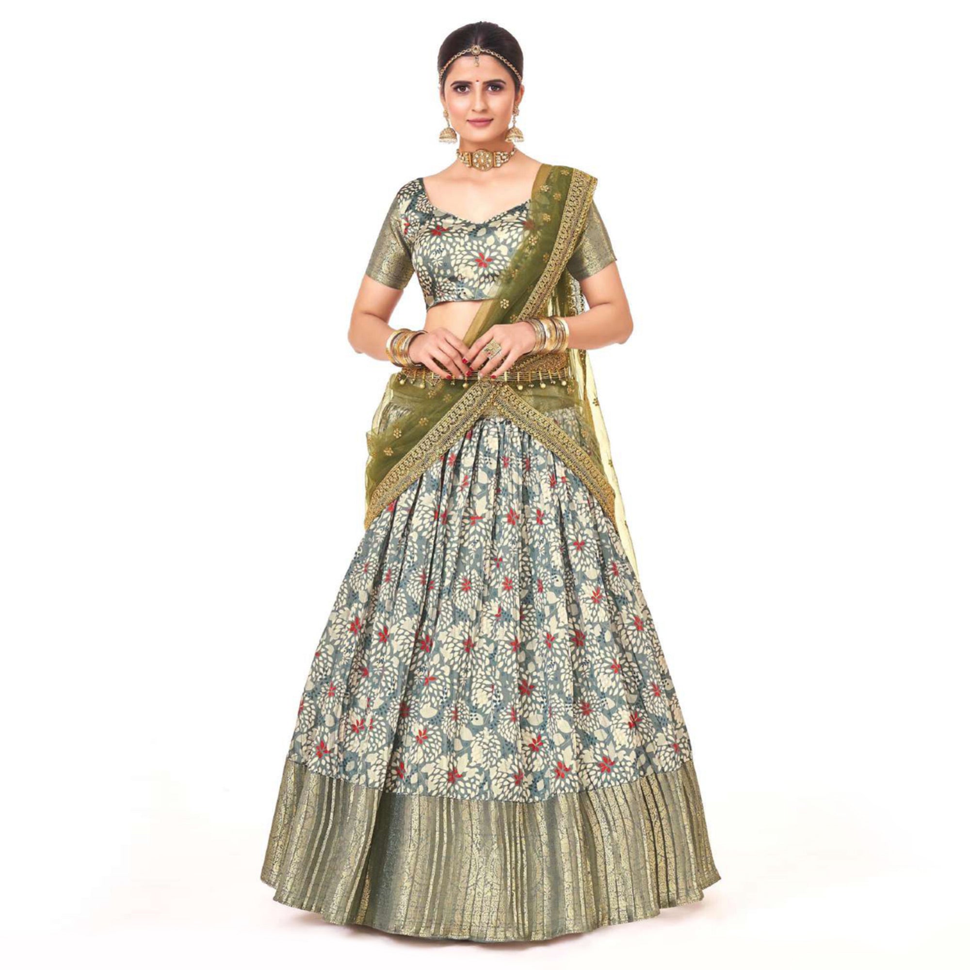 Grey Digital Printed With Zari Work Art Silk Lehenga Choli