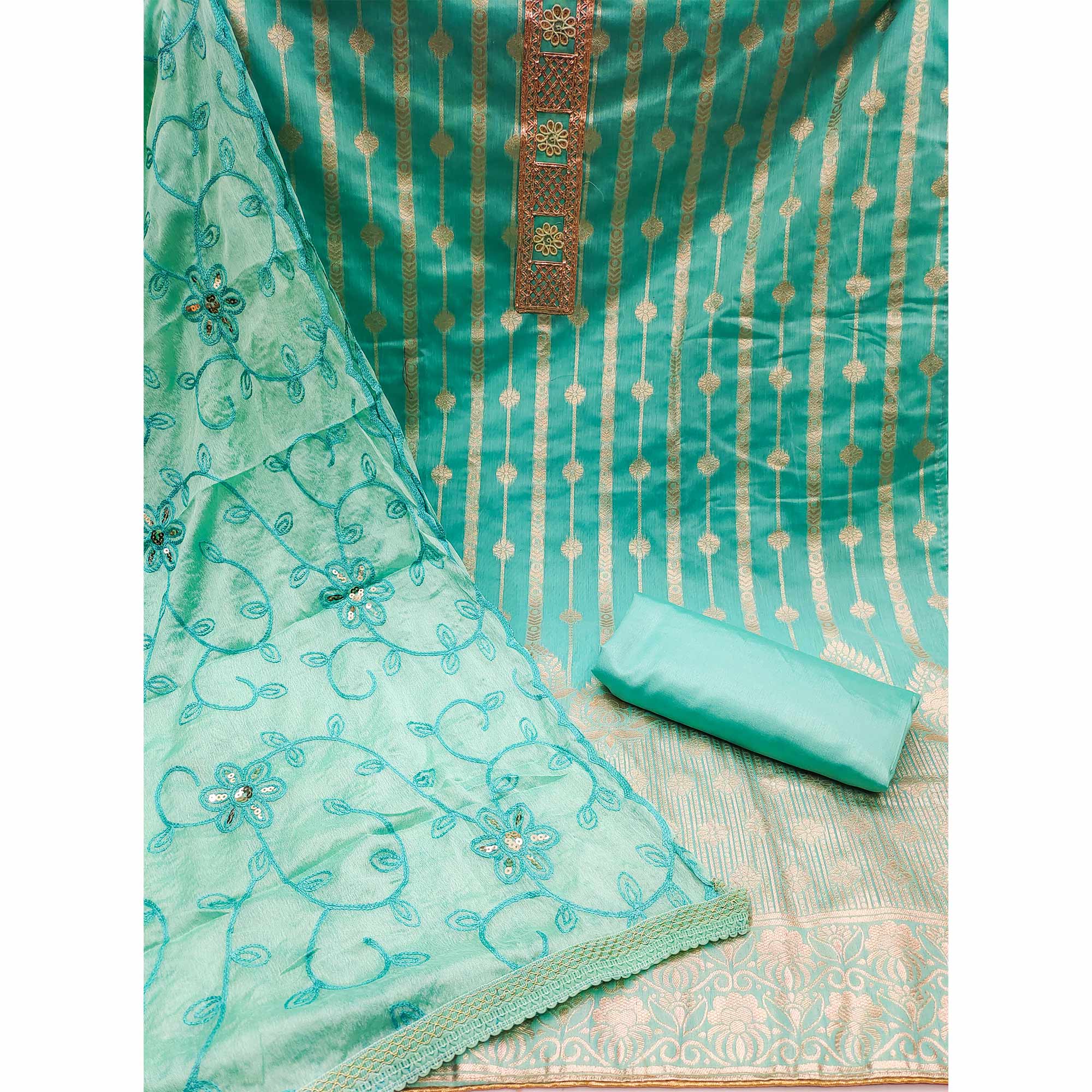 Sea Green Woven Banarasi Silk Dress Material