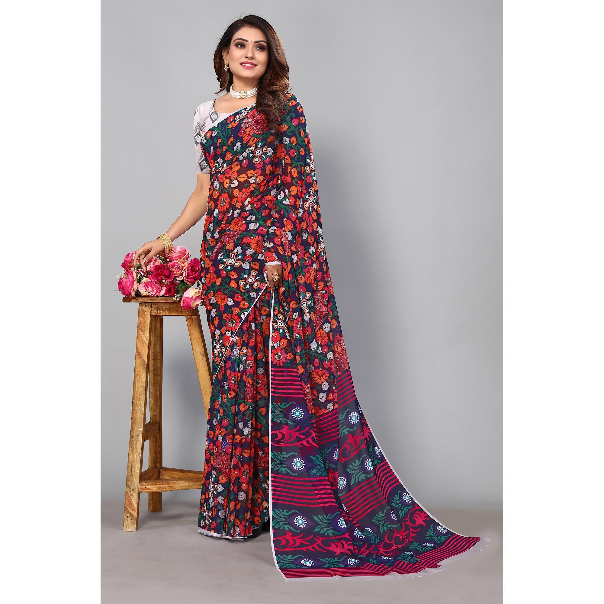 Navy Blue Digital Printed Georgette Saree