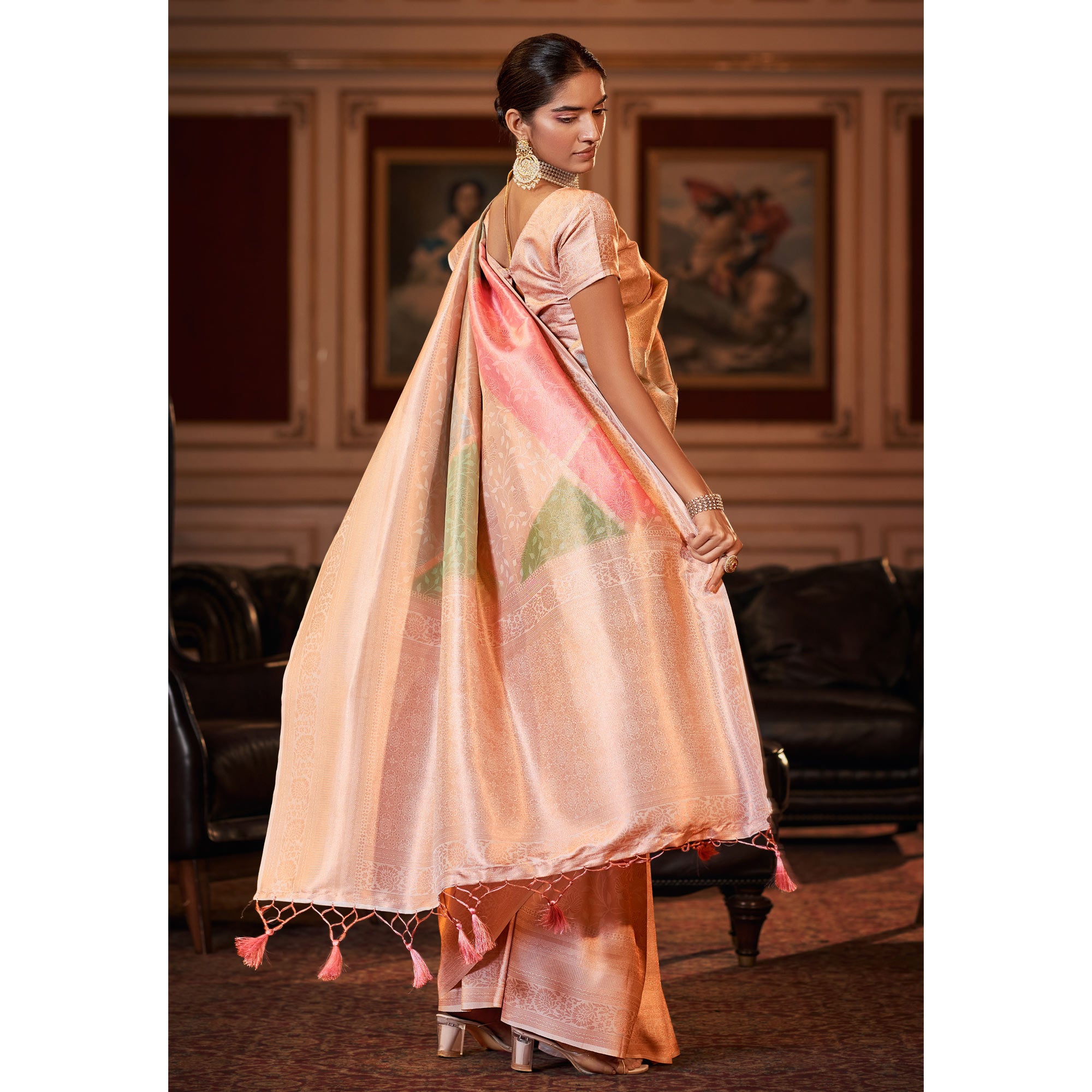 Light Peach Woven Jacquard Saree With Tassels