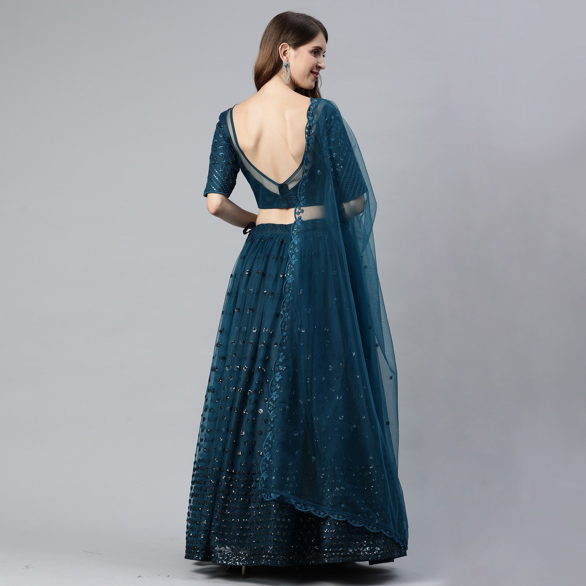 Teal Blue Sequins Embroidered Net Lehenga Choli