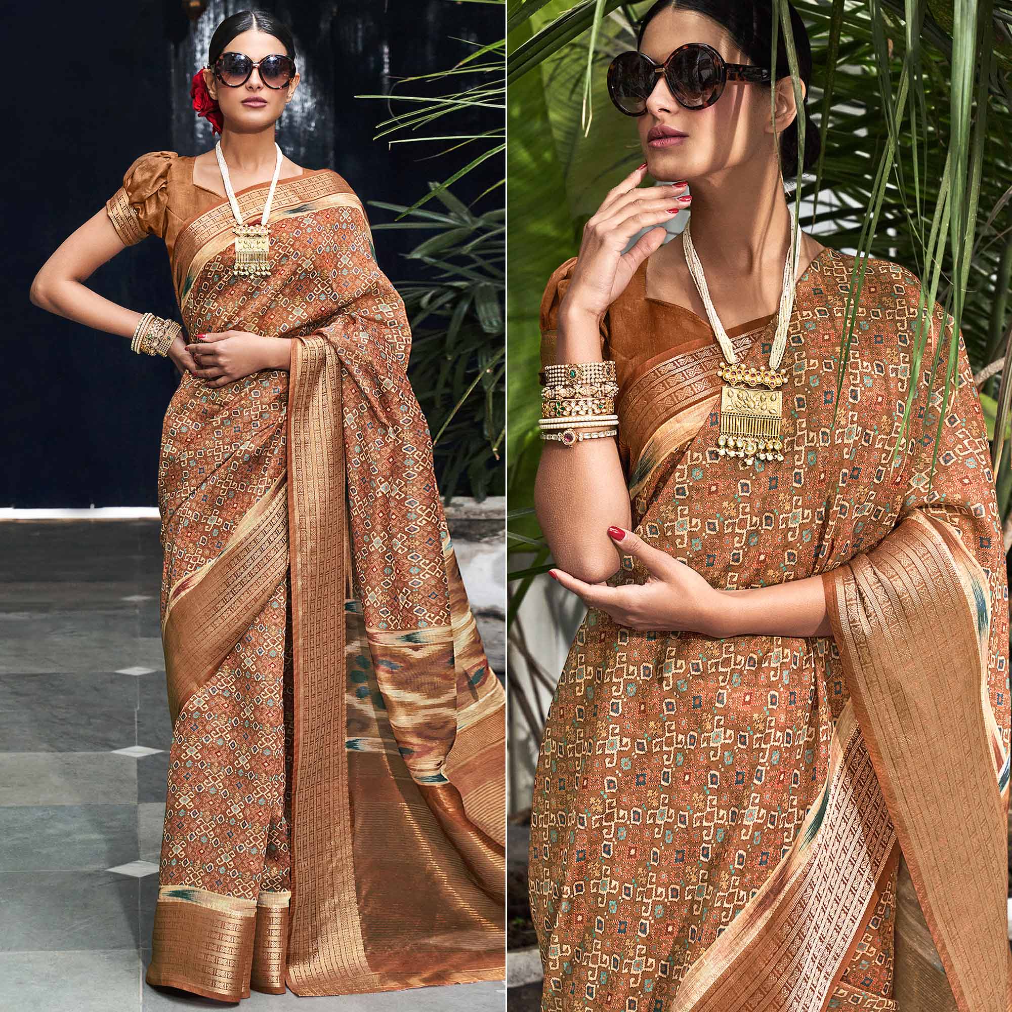 Brown Digital Printed Linen Saree