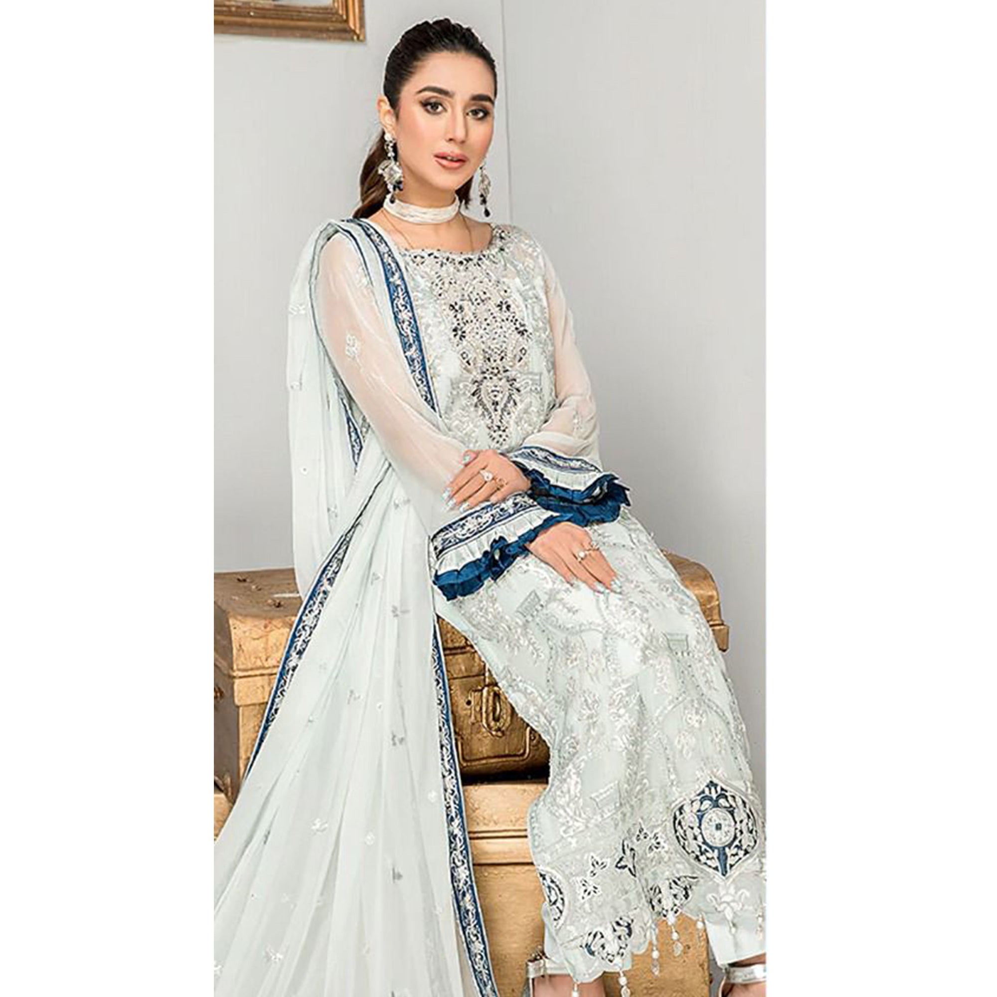 Sky Blue Embroidered Georgette Pakistani Suit