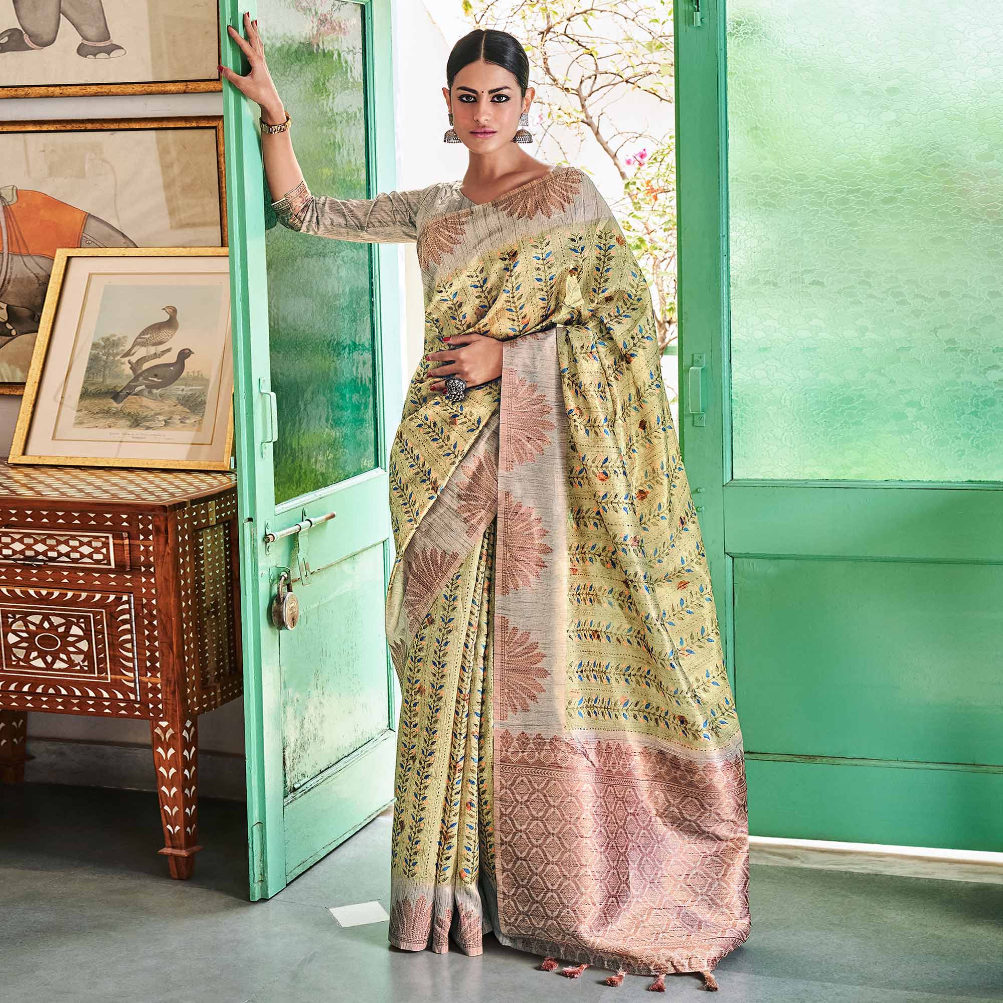 Green Digital Printed Raw Silk Saree With Tassels