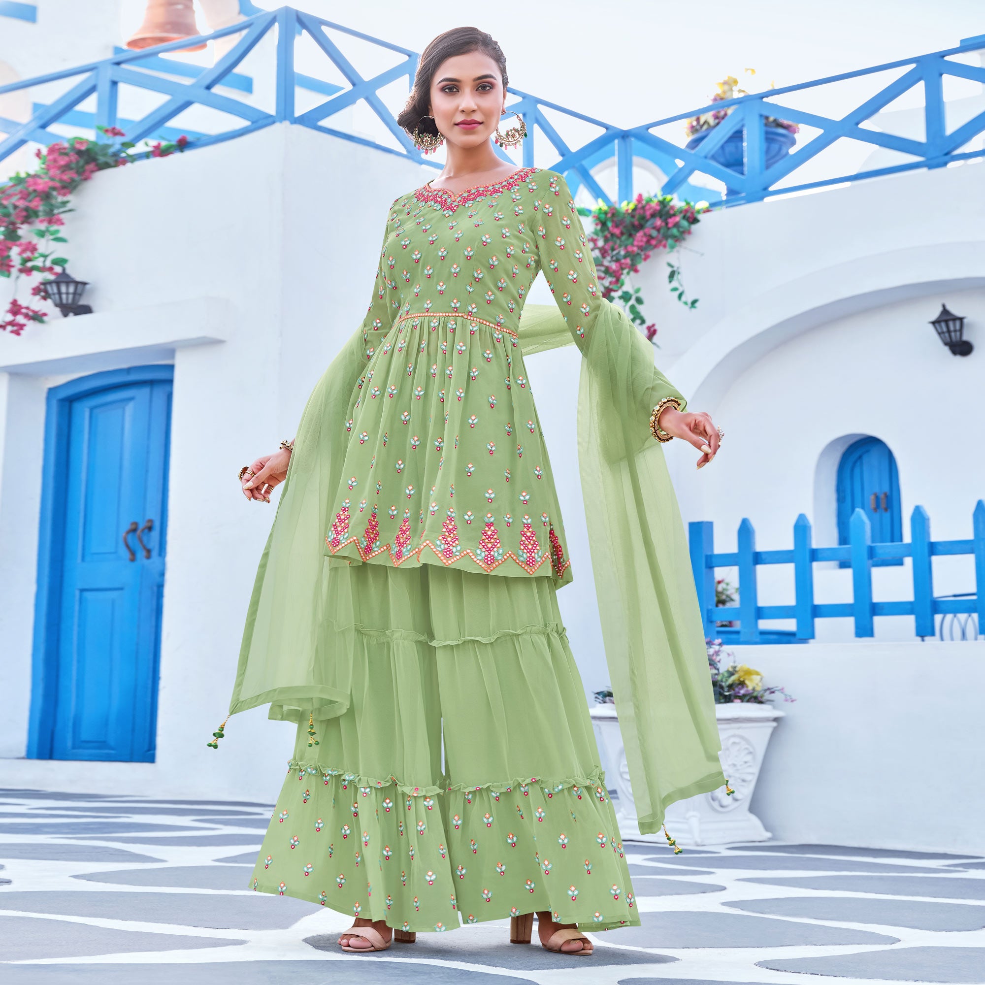 Pista Green Floral Embroidered Georgette Sharara Suit
