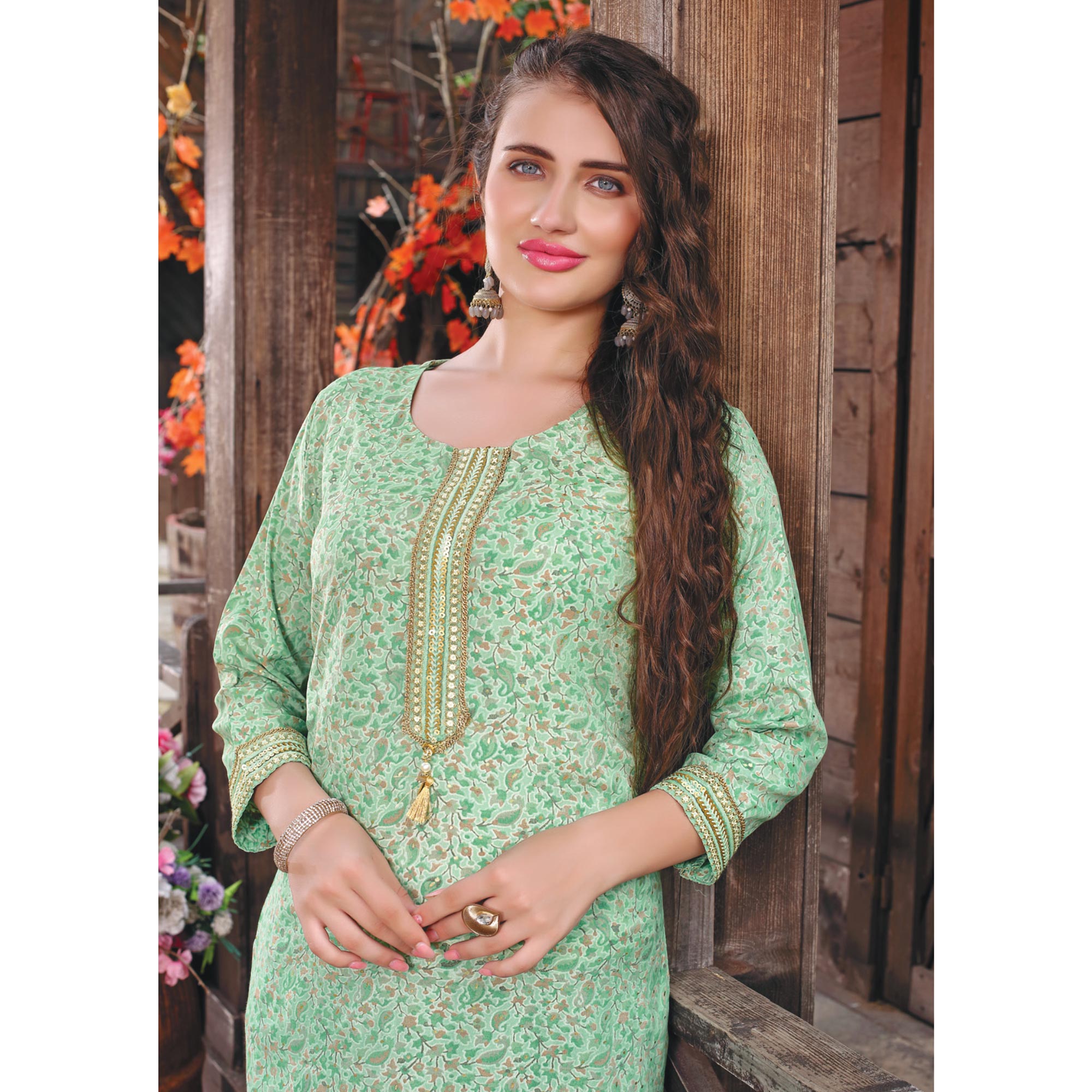 Sea Green Printed Muslin Kurti