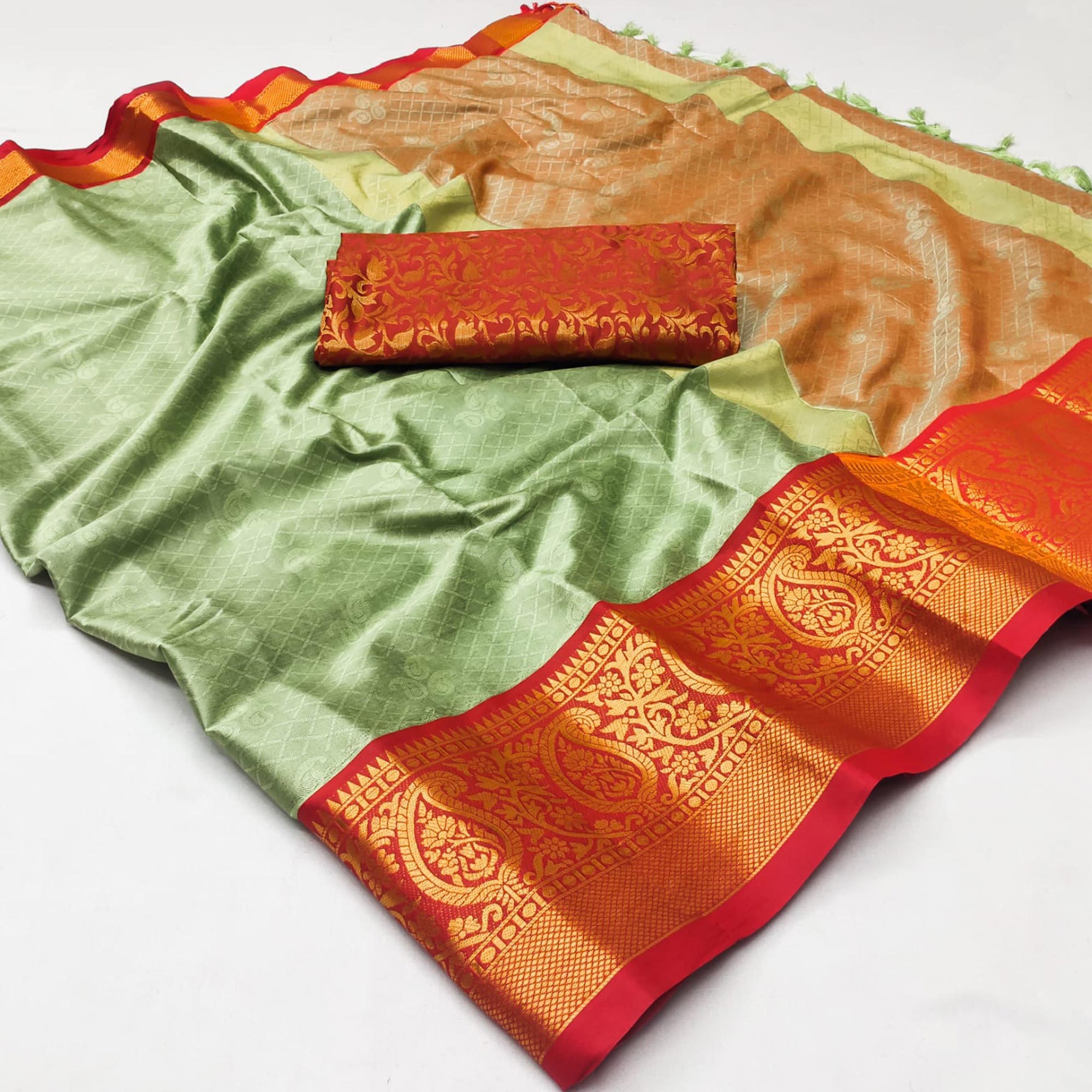 Pista Green Woven Cotton Silk Saree With Tassels