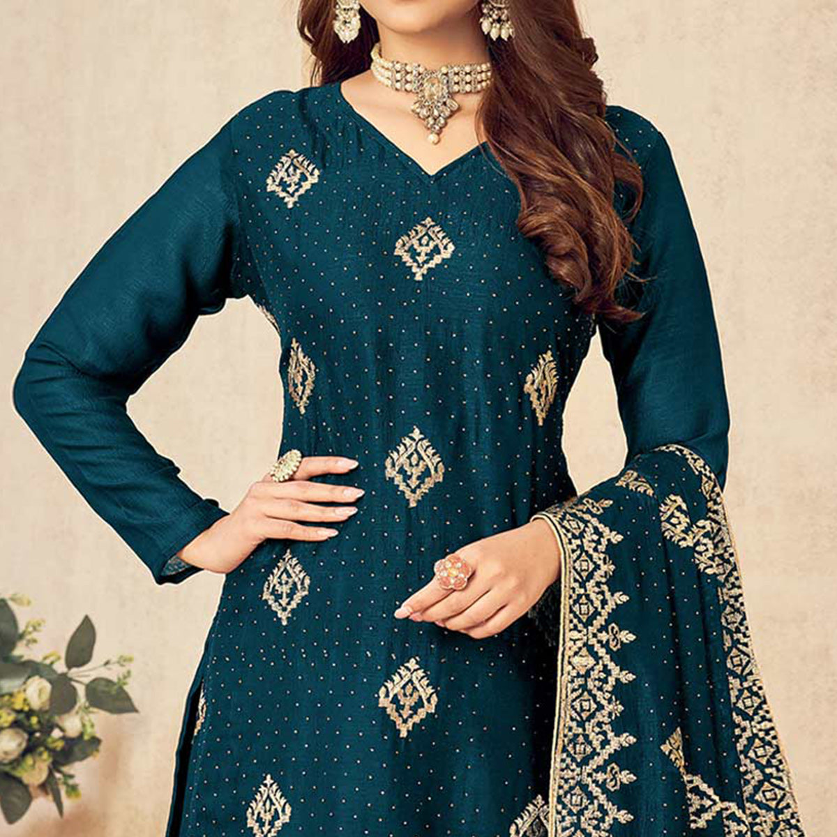 Teal Blue Embroidered Vichitra Silk Suit