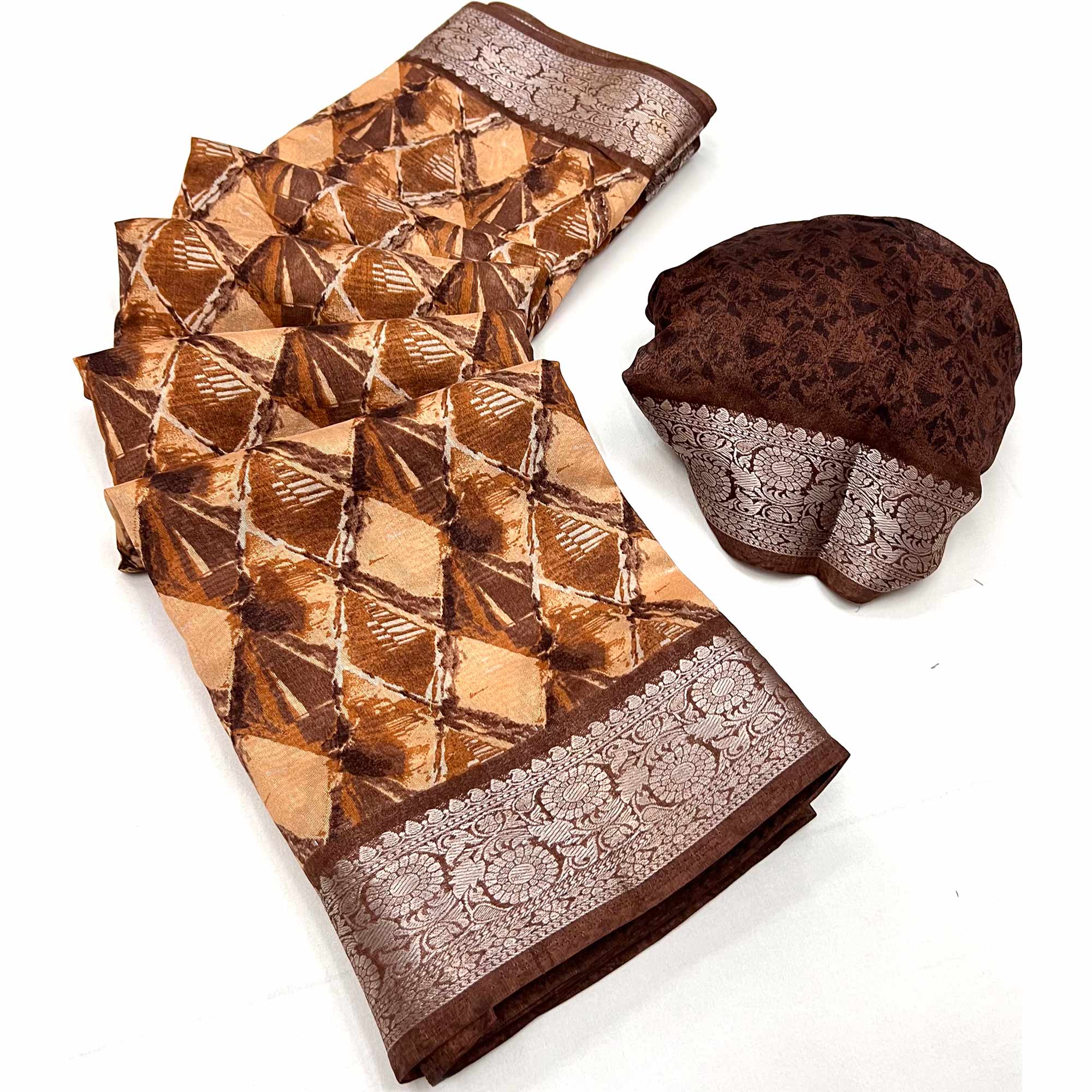 Brown Floral Printed With Woven Dola Silk Saree