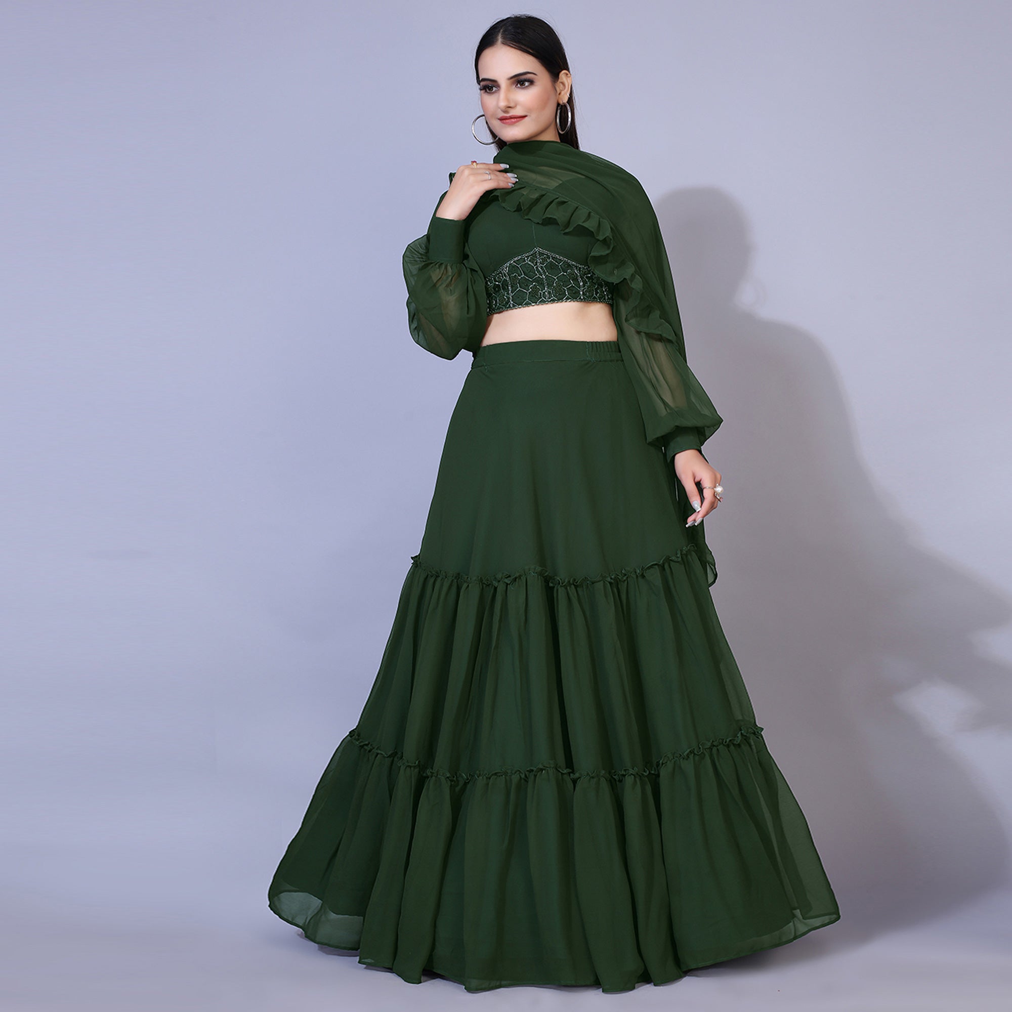 Green Solid With Handwork Georgette Lehenga Choli