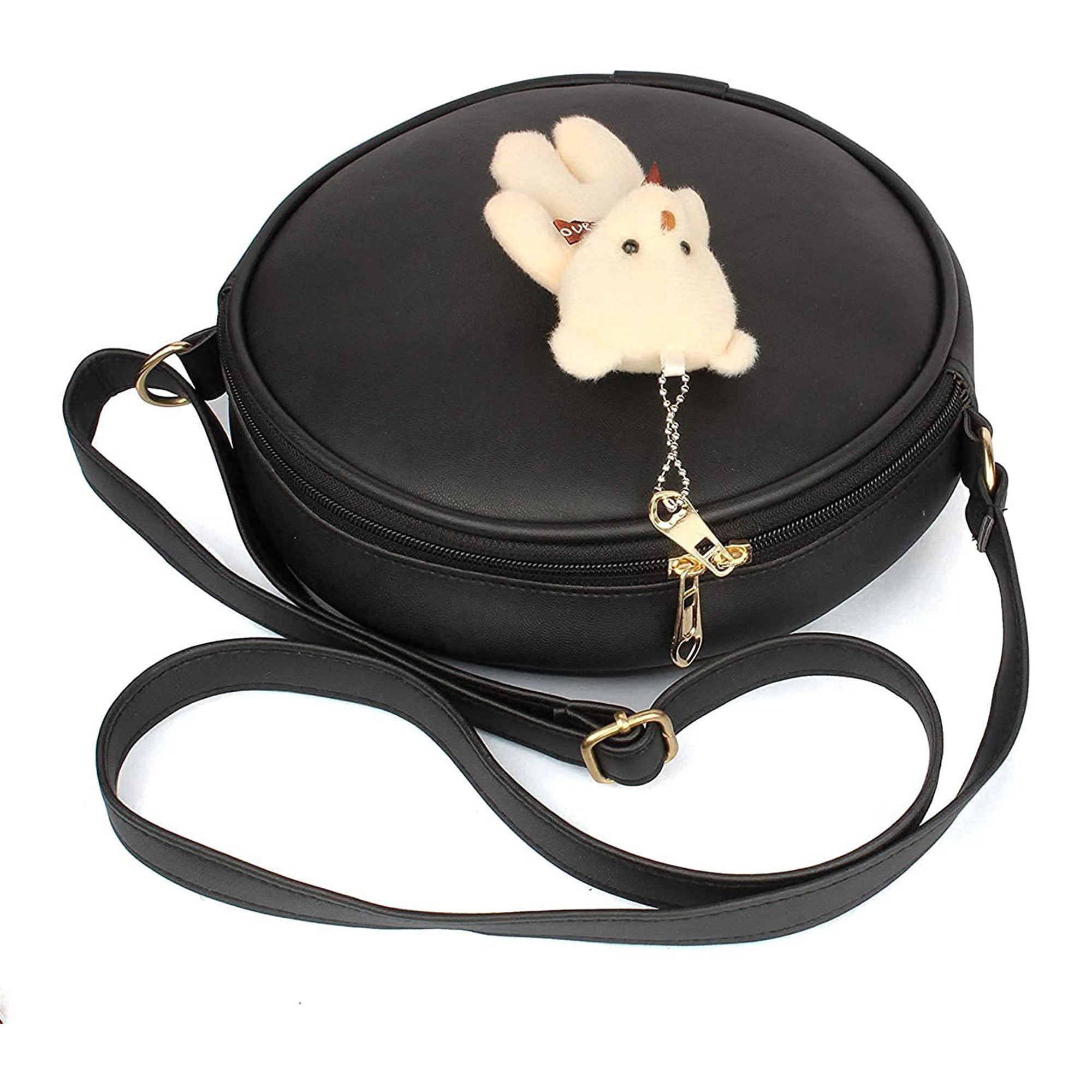 TMN - Women Black Vegan Leather Sling Bag with Attached Teddy