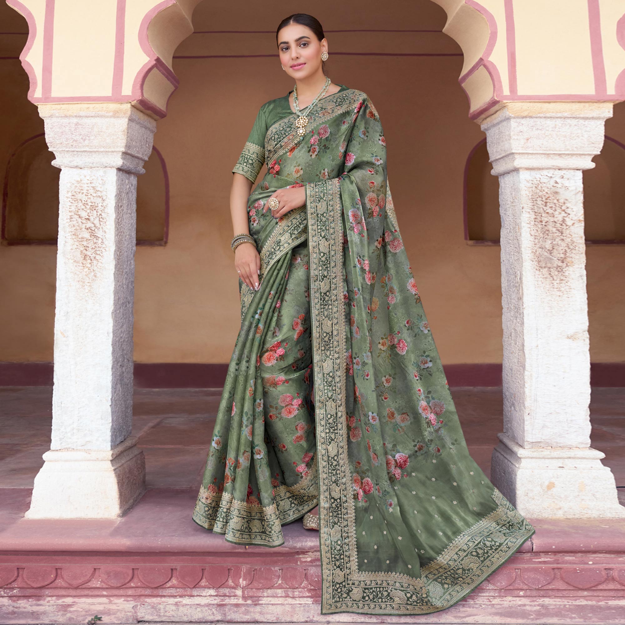 Olive Green Floral Printed With Embroidered Organza Saree