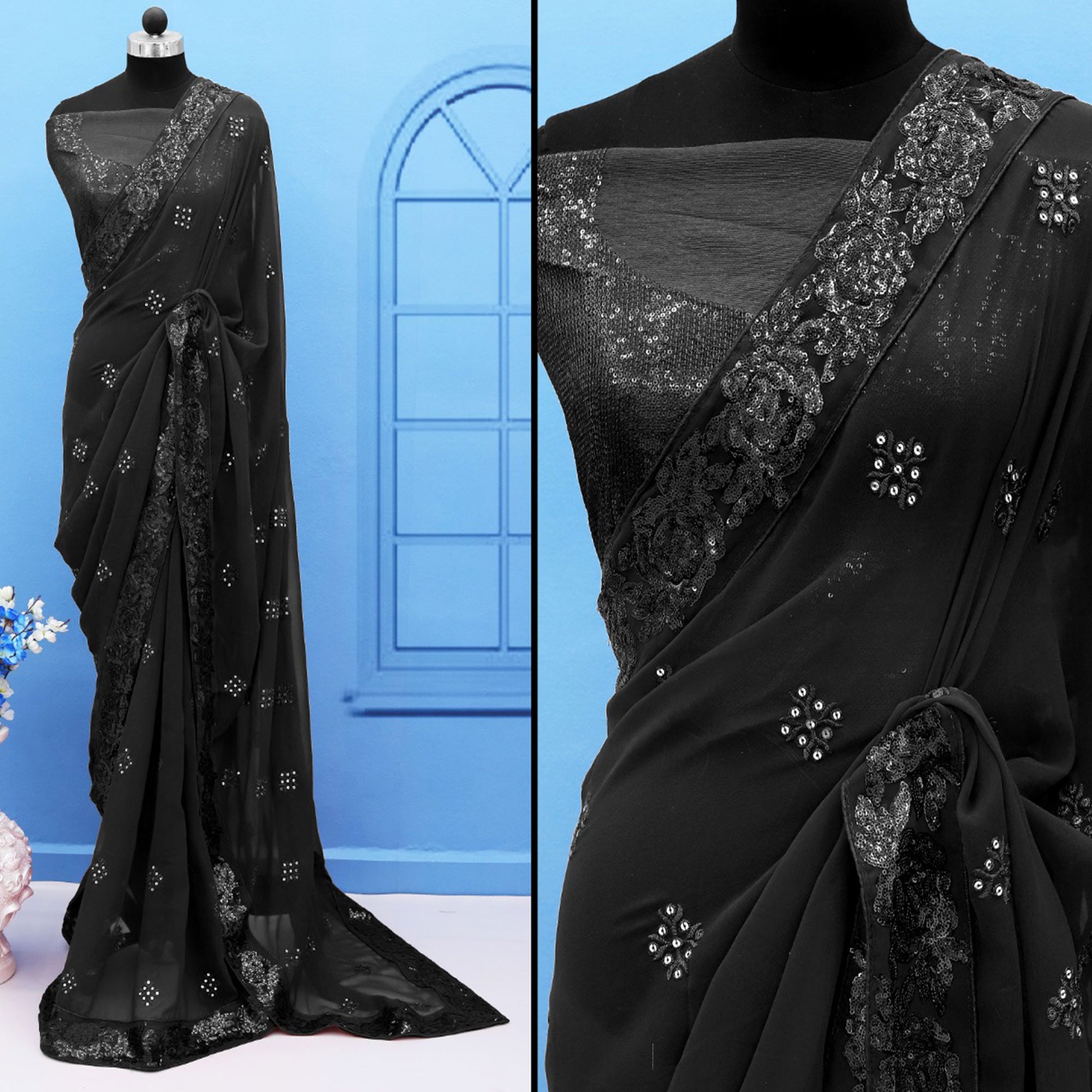 Black Sequins Emroidered Georgette Saree