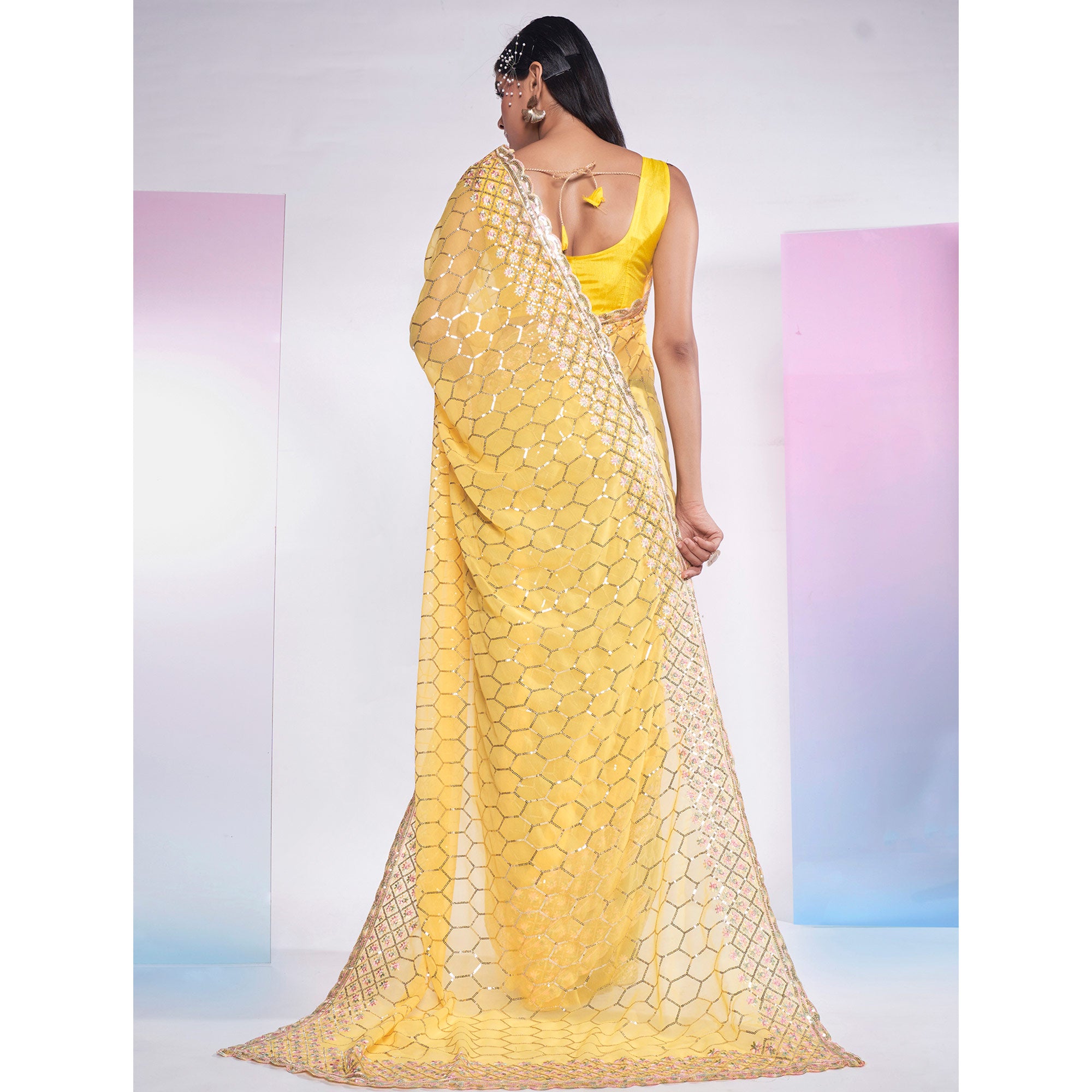 Yellow Sequins Embroidered Georgette Saree