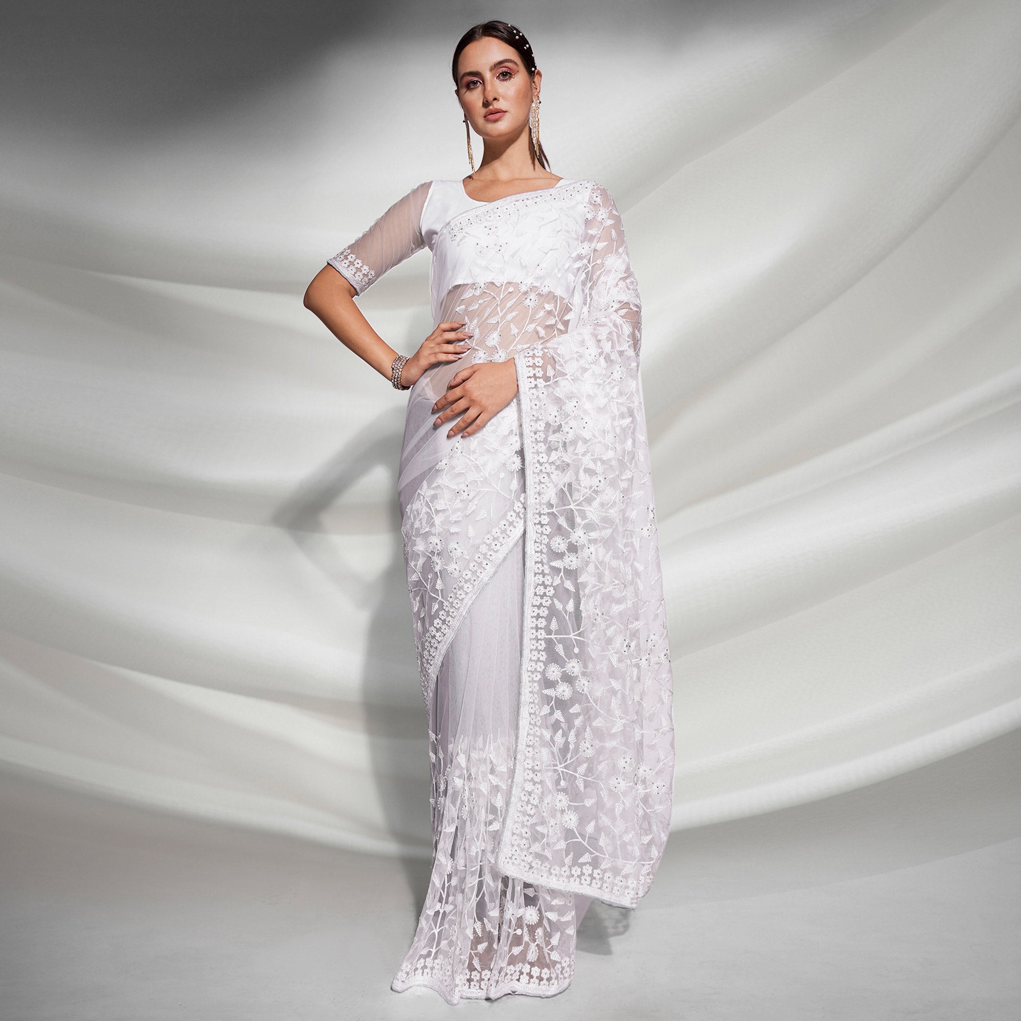 White Floral Embroidered Soft Net Saree