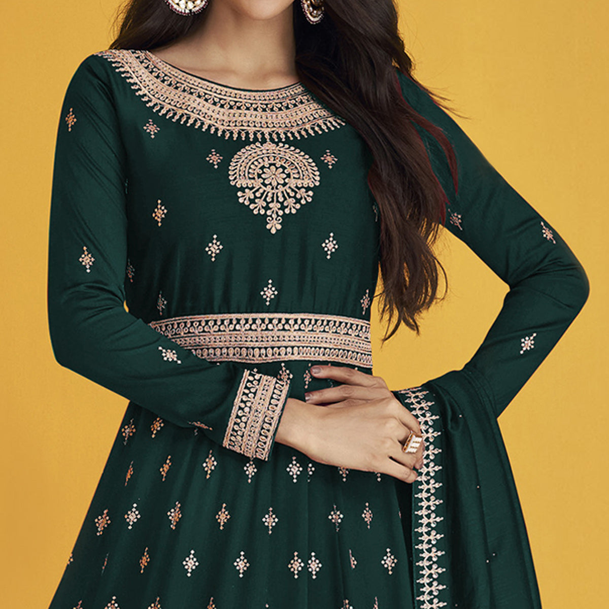 Dark Green Sequins Embroidered Georgette Semi Stitched Anarkali Suit