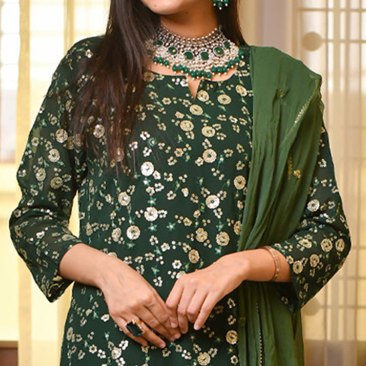 Green Sequins Embroidered Georgette Suit