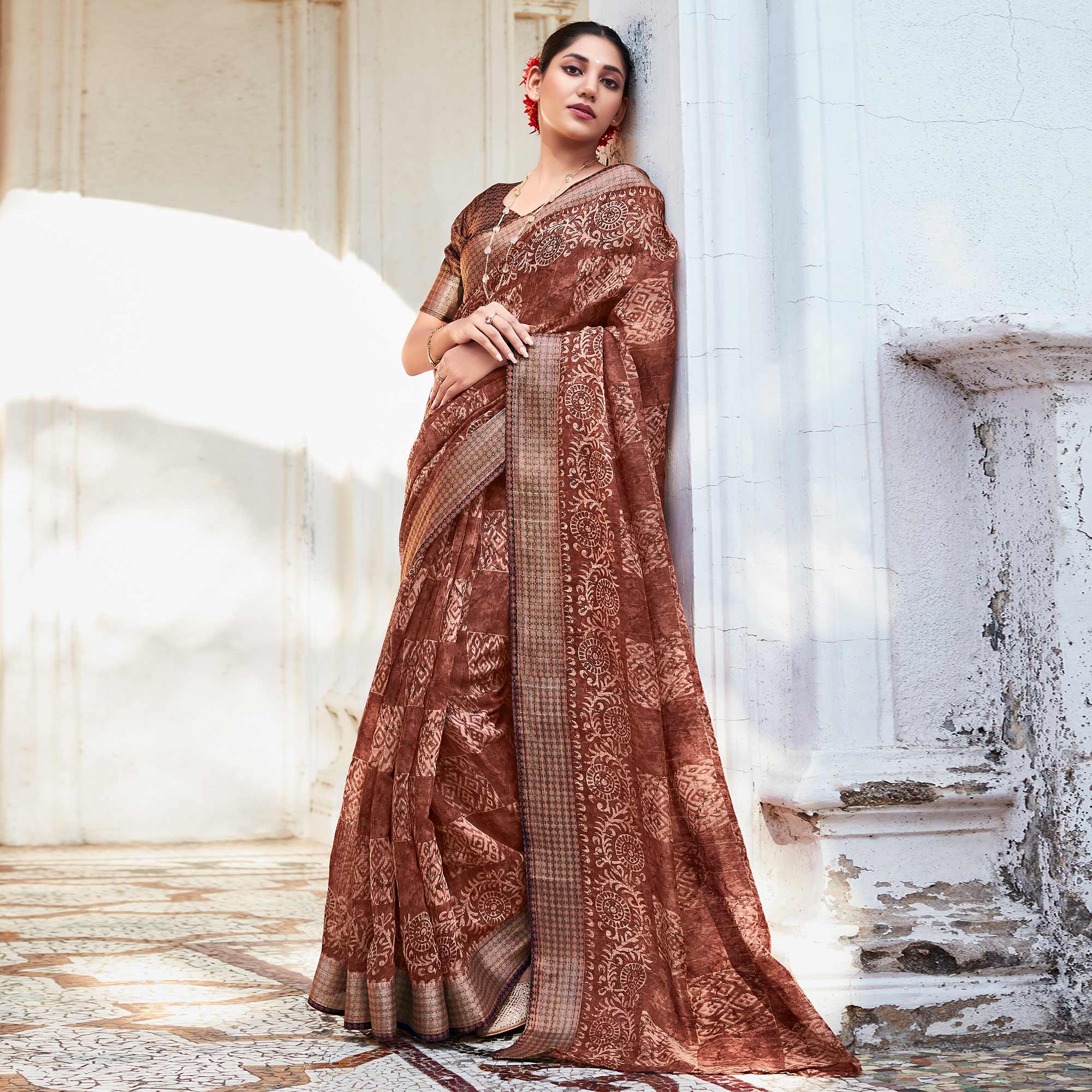Brown Printed With Woven Border Cotton Saree
