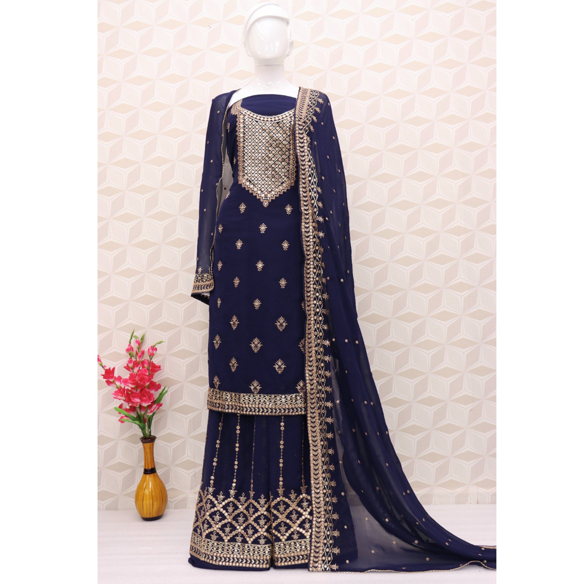Blue Embroidered Georgette Sharara Suit