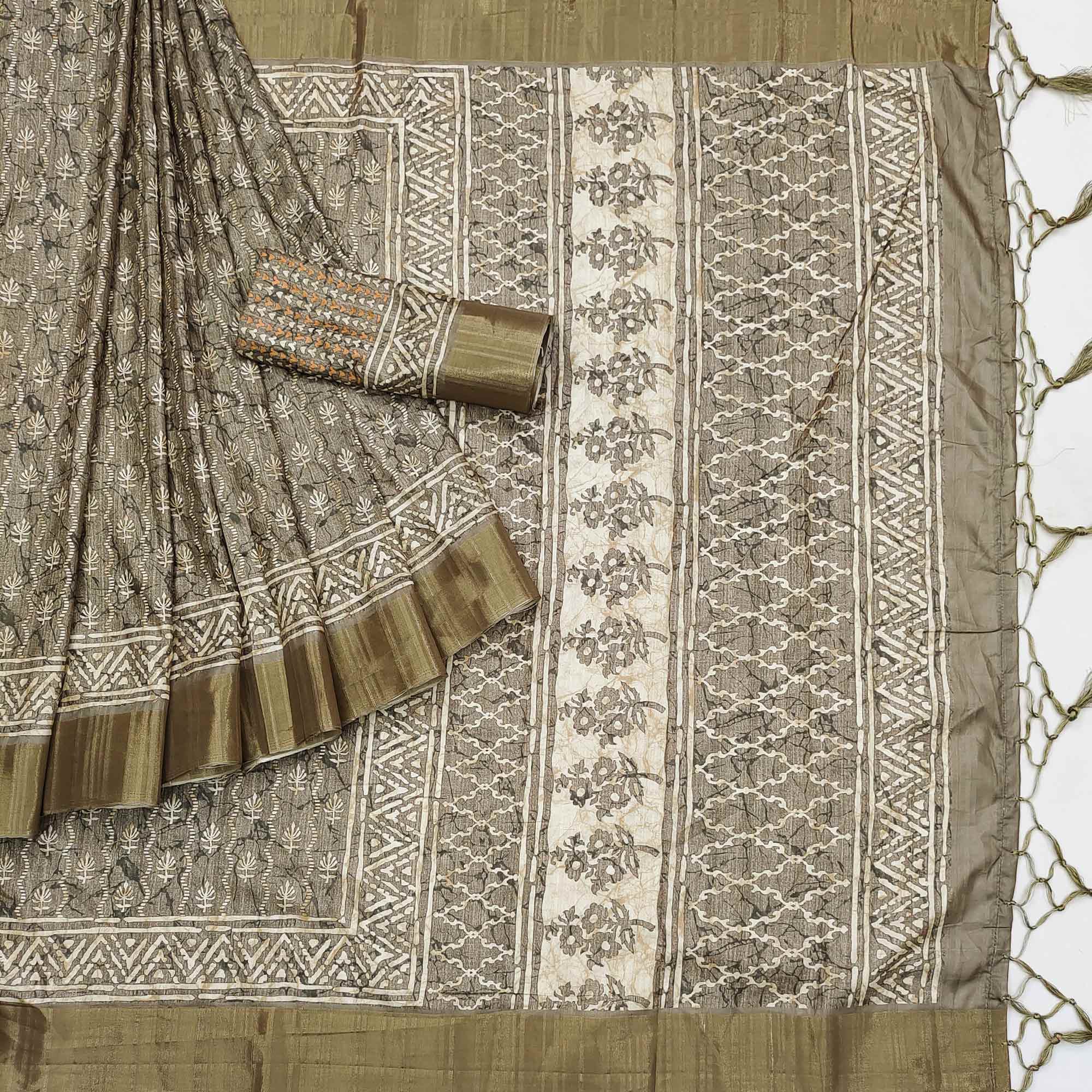 Grey Floral Printed Matka Tussar Saree With Tassels