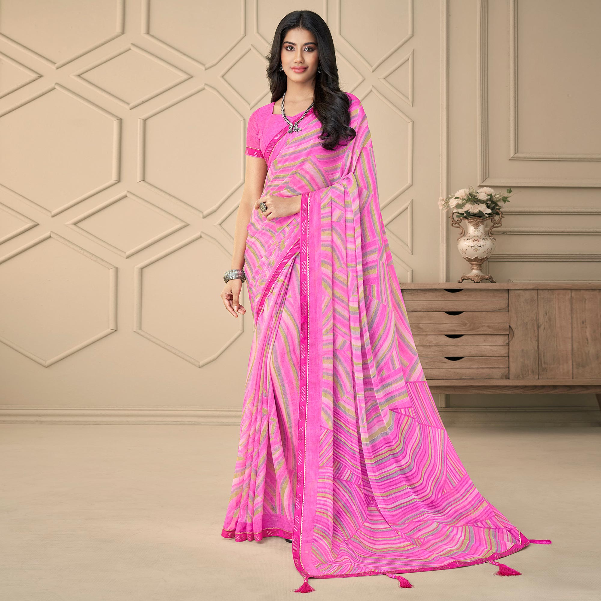 Pink Printed Chiffon Saree With Tassels