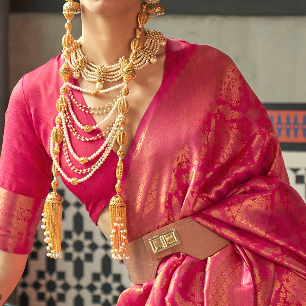 Magenta Pink Woven Art Silk Saree With Tassels