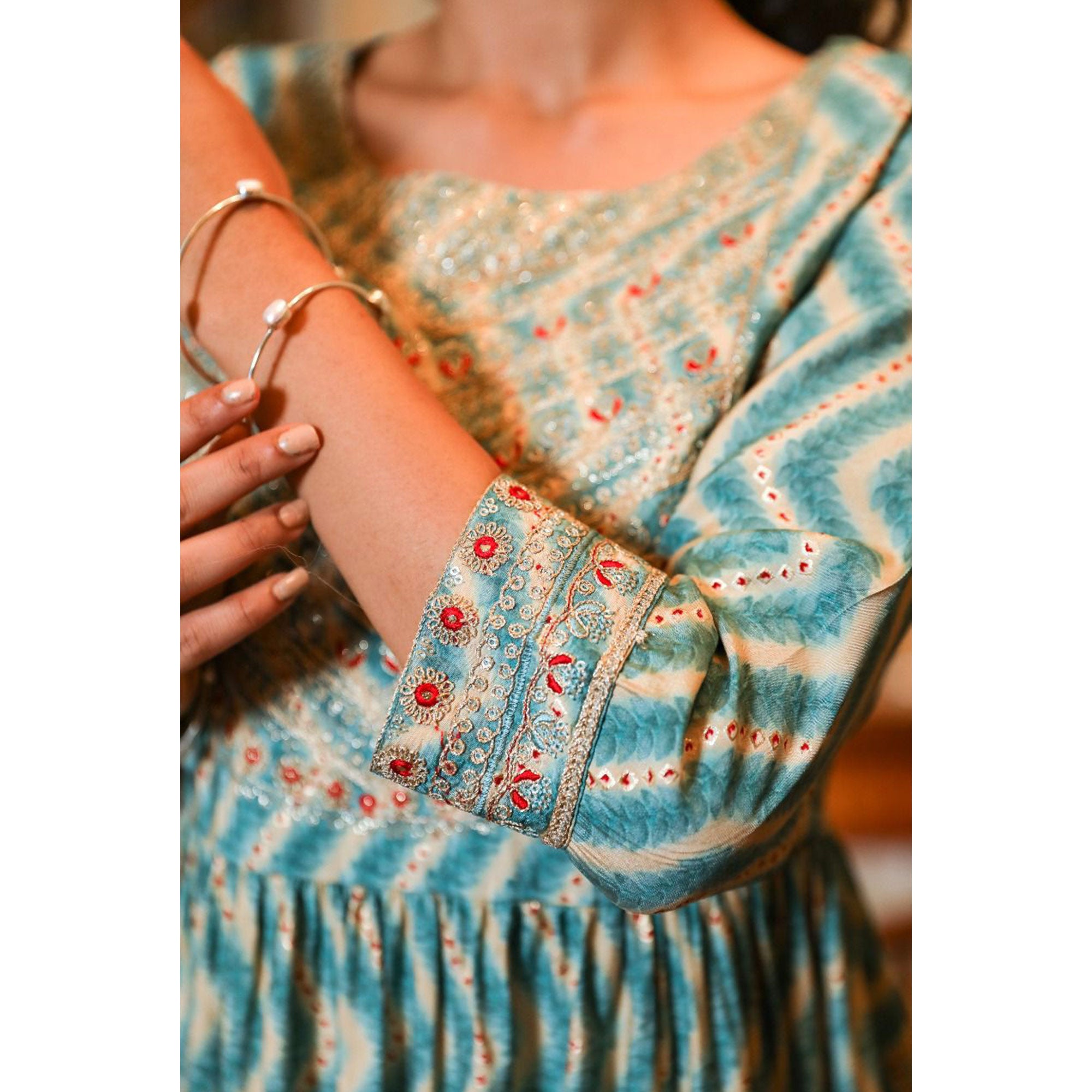 Blue Printed With Embroidered Muslin Naira Cut Kurti
