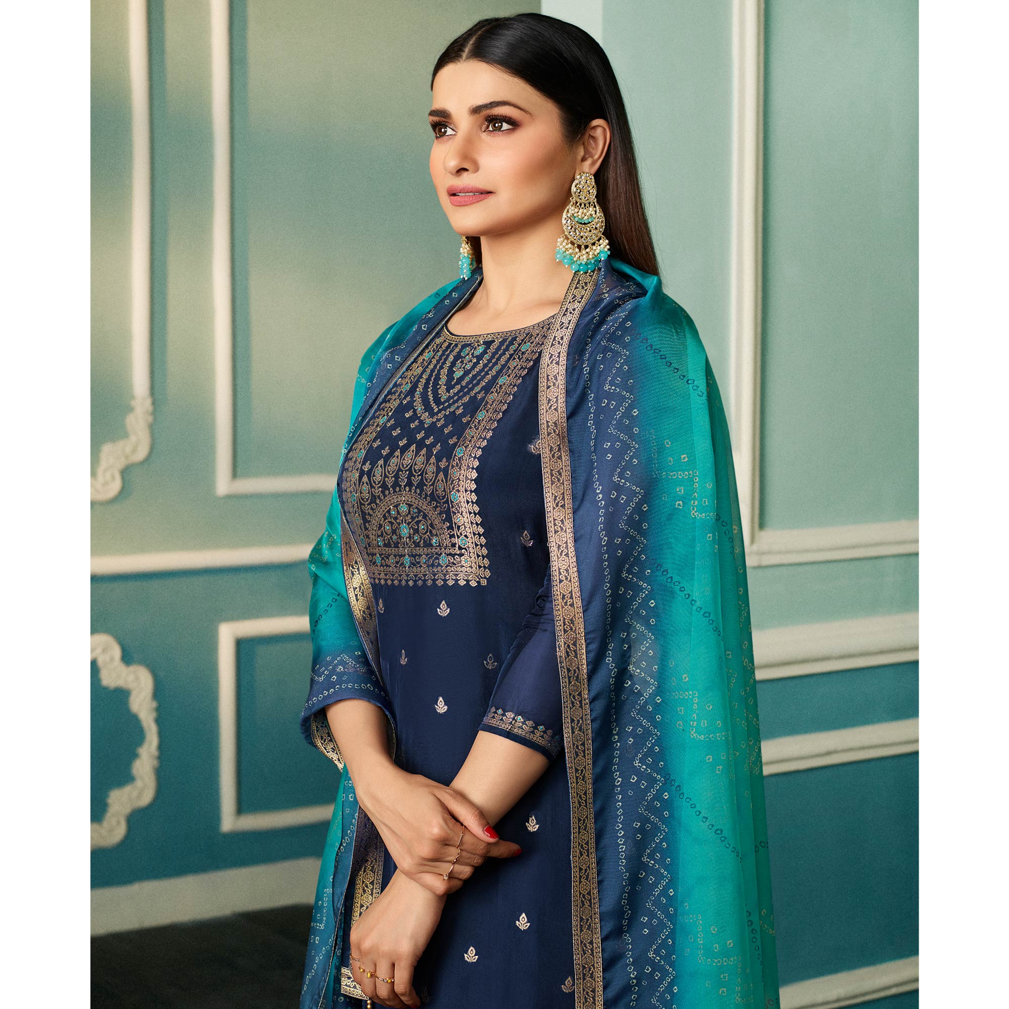 Blue Floral Woven Organza Salwar Suit