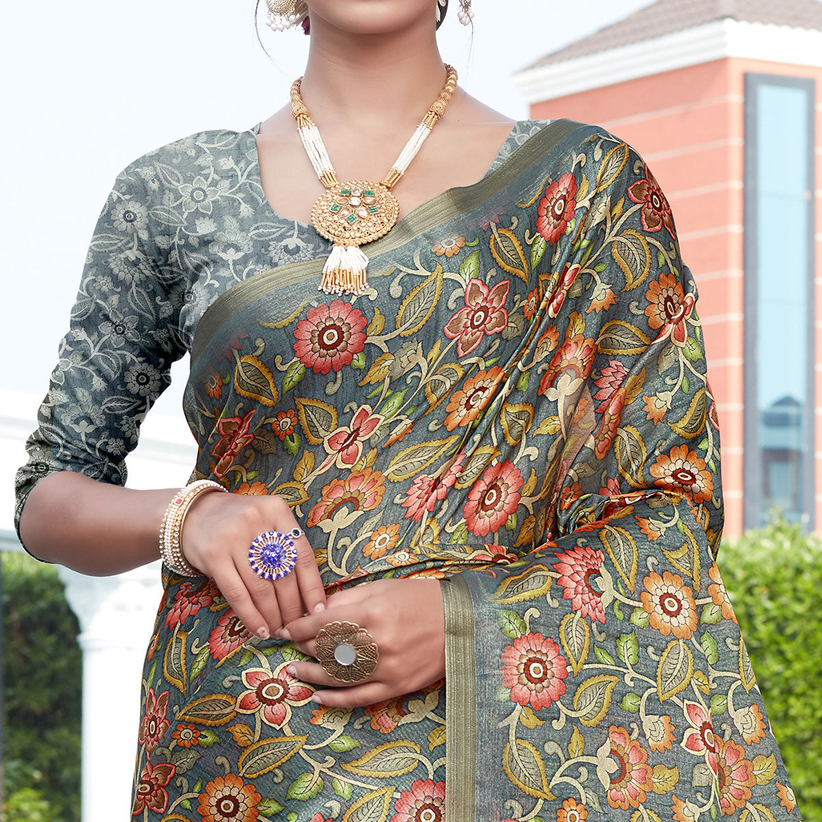 Grey Floral Digital Printed Cotton Silk Saree