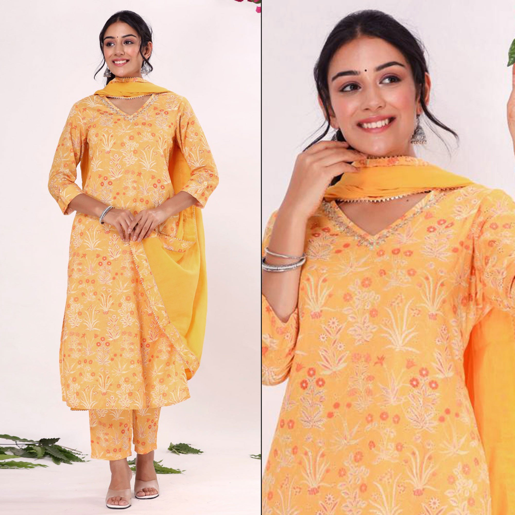 Yellow Floral Printed Pure Cotton Suit