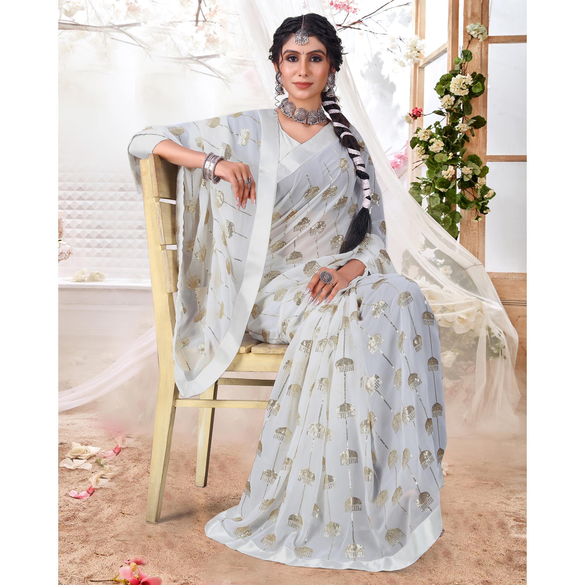 White Sequins Embroidered Georgette Saree
