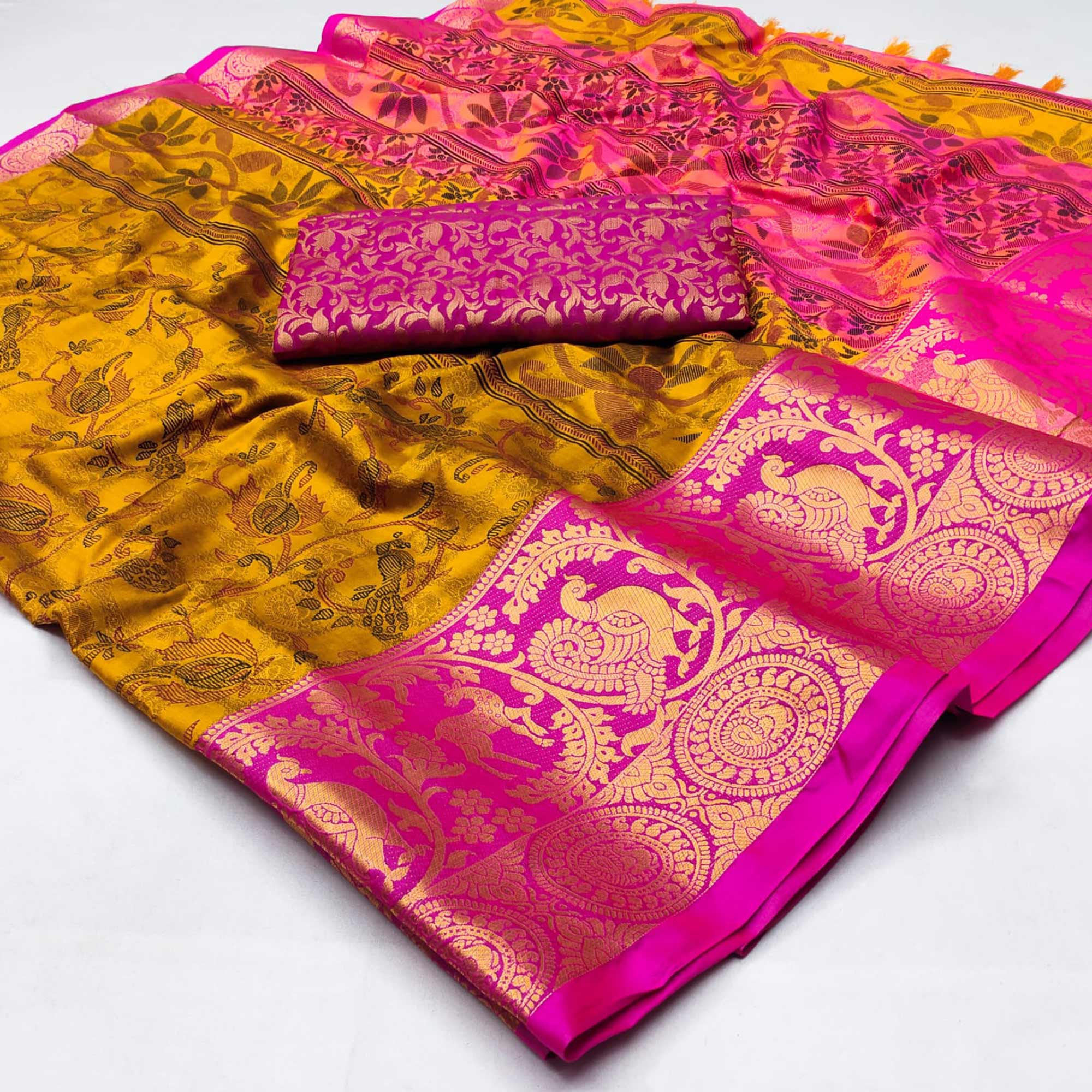 Gold Printed With Woven Border Cotton Silk Saree