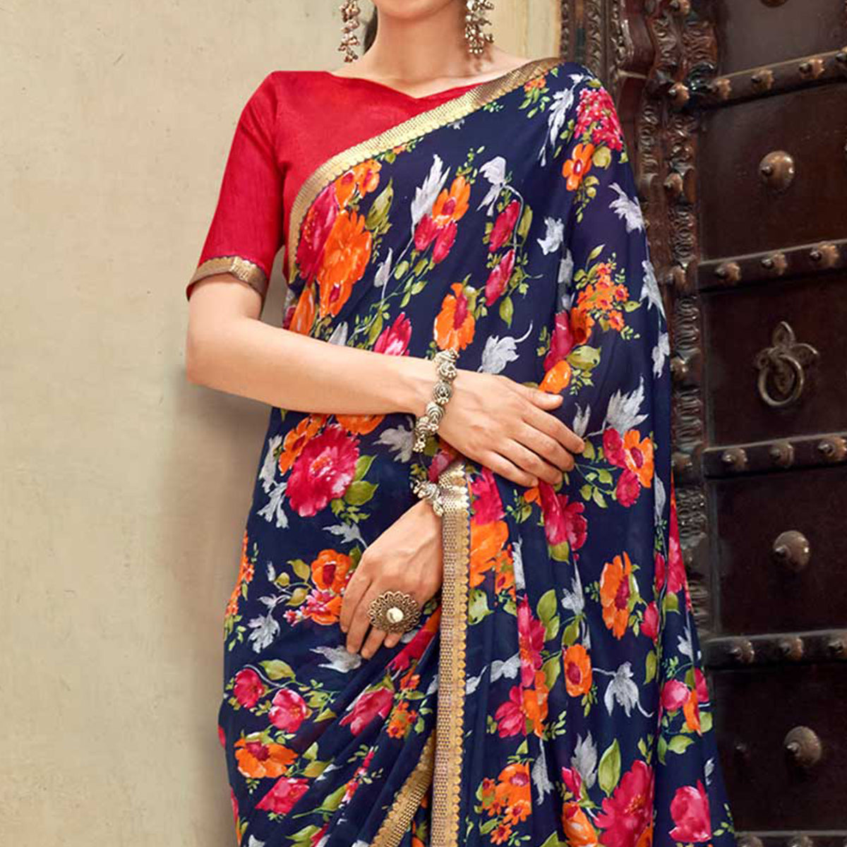 Navy Blue Floral Printed Chiffon Saree