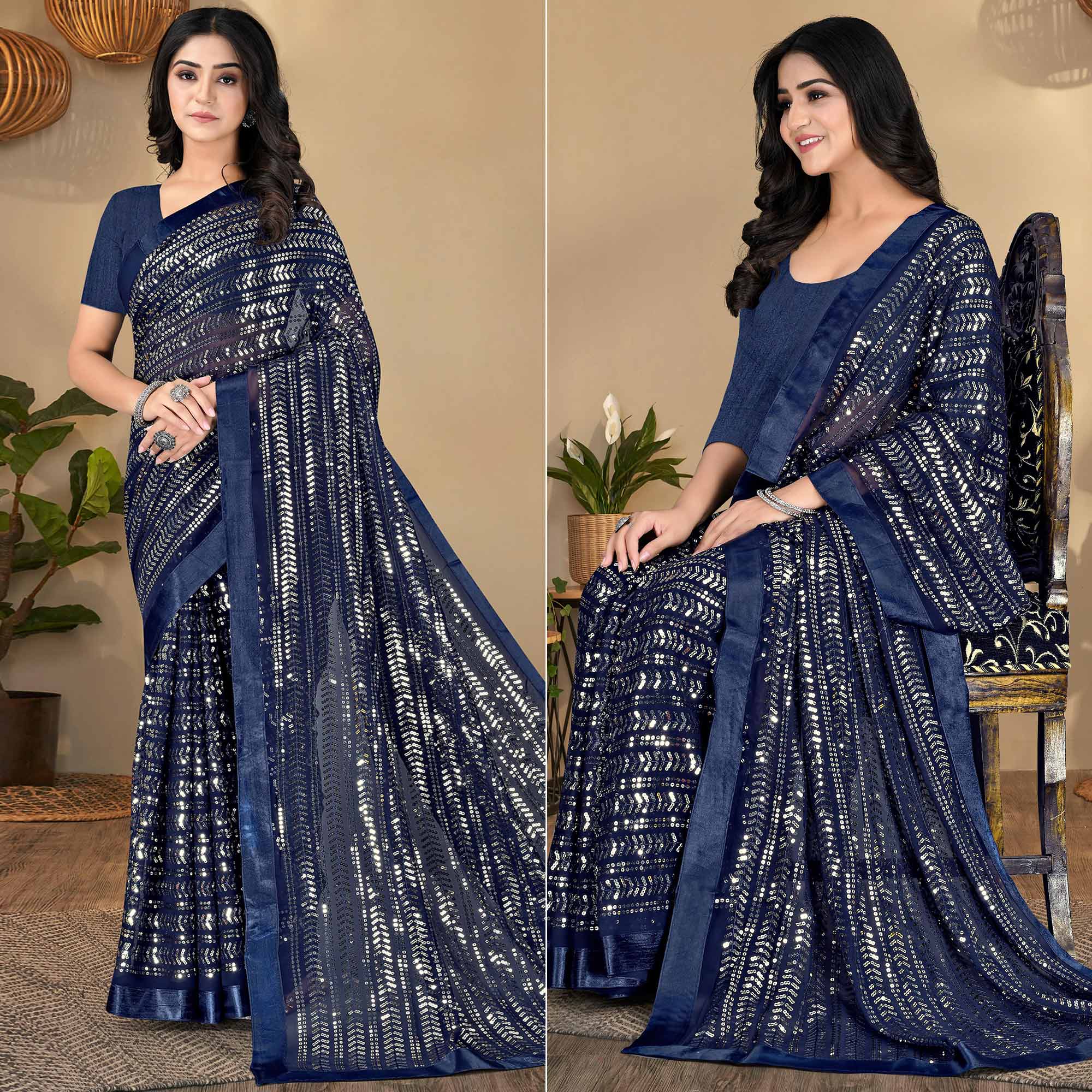 Navy Blue Sequins Embroidered Georgette Saree