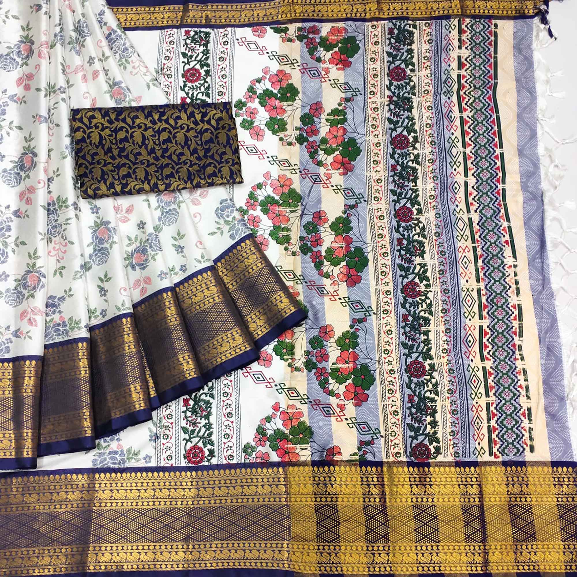 White And Navy Blue Floral Printed With Woven Cotton Silk Saree