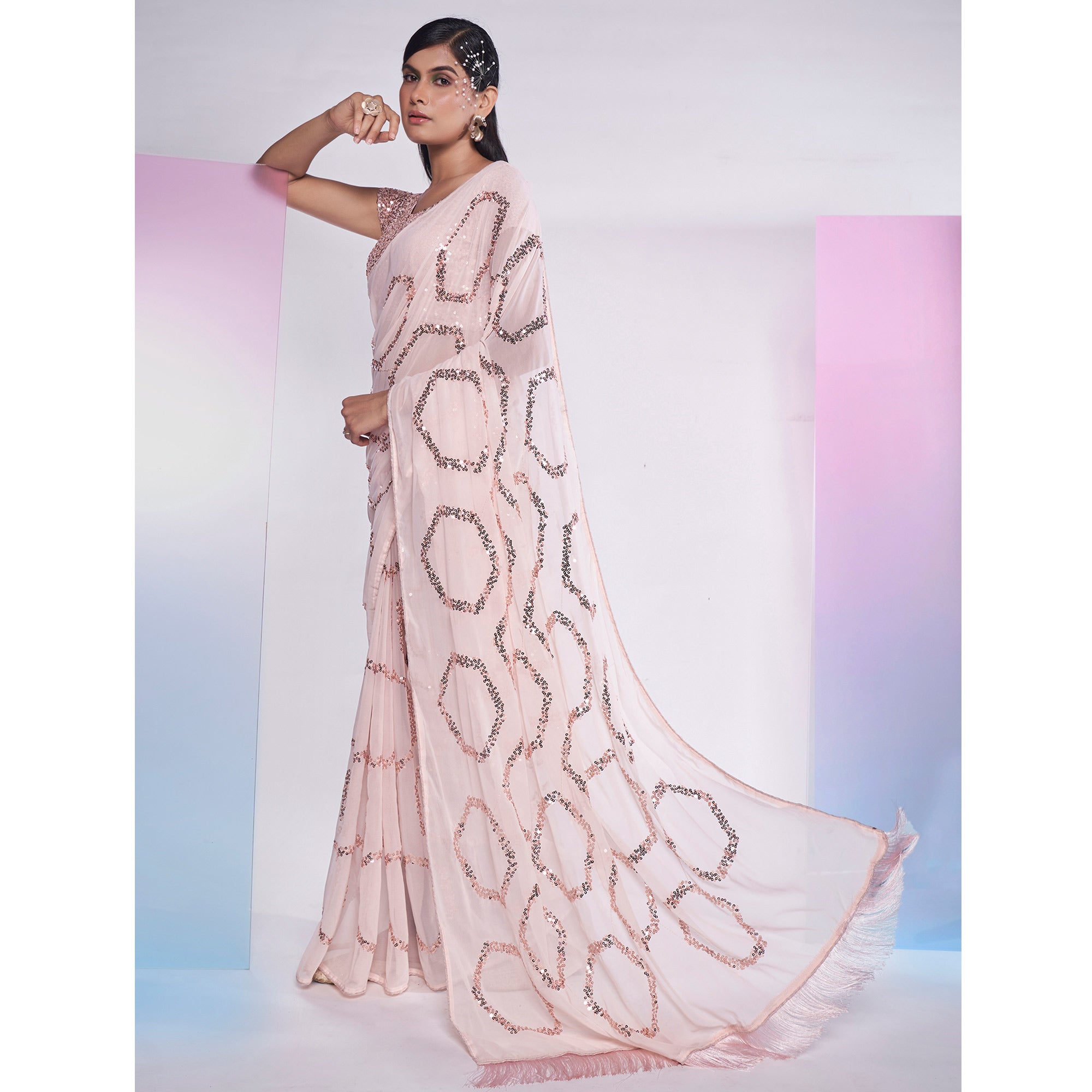 Cream Sequins Embroidered Georgette Saree