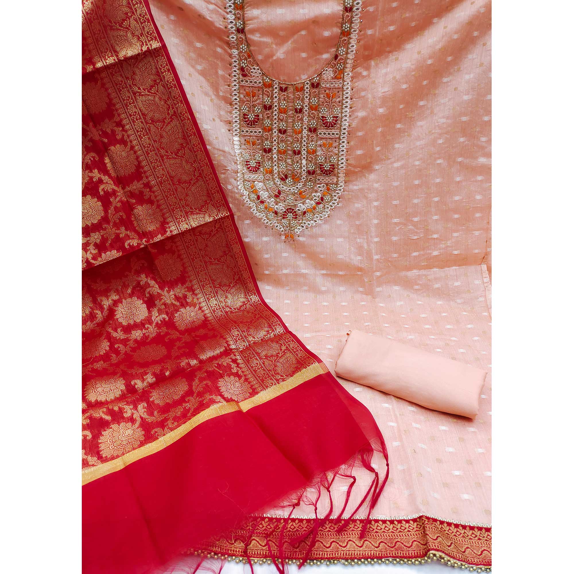 Peach Woven With Handwork Banarasi Silk Dress Material