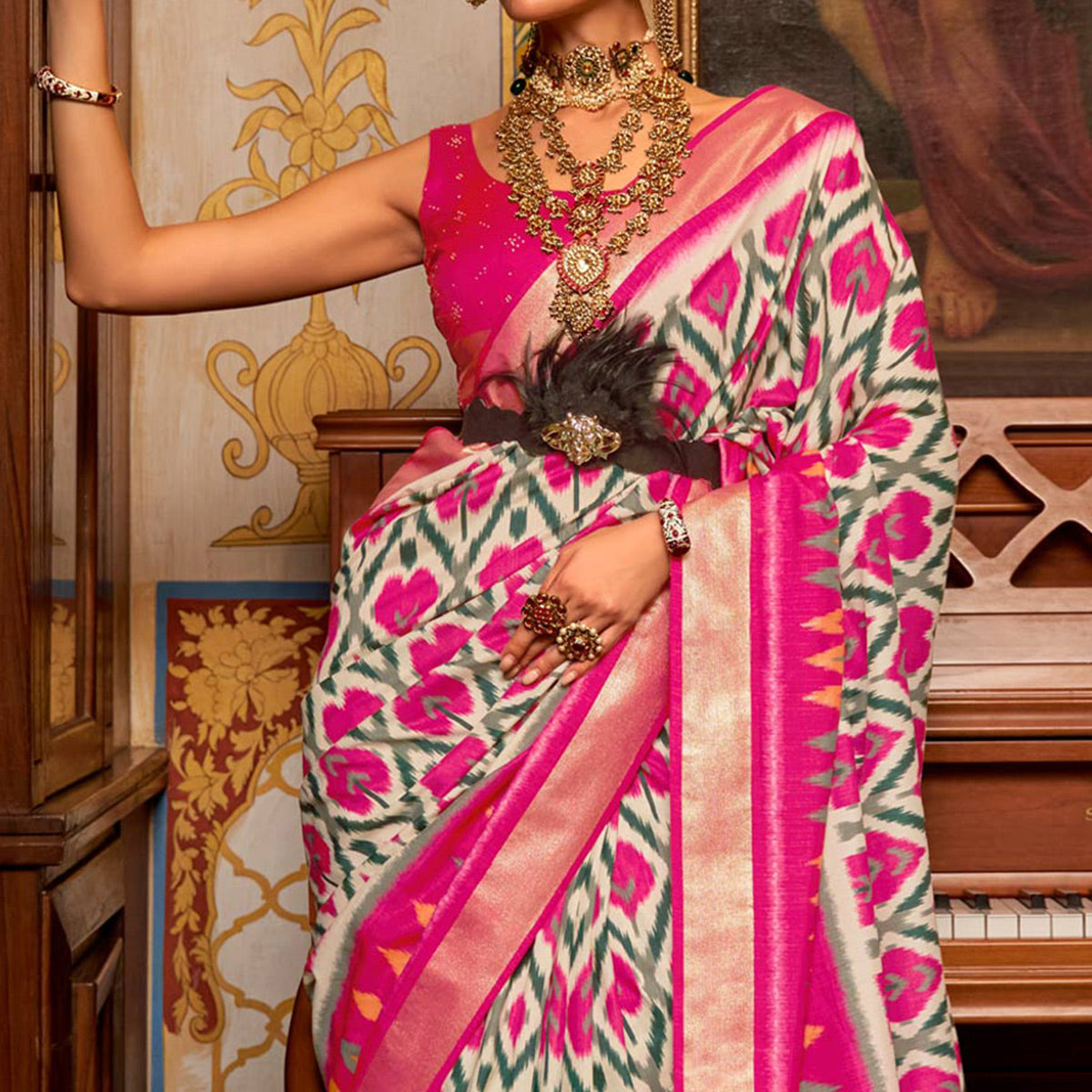 Rose Pink & Off White Printed Art Silk Saree