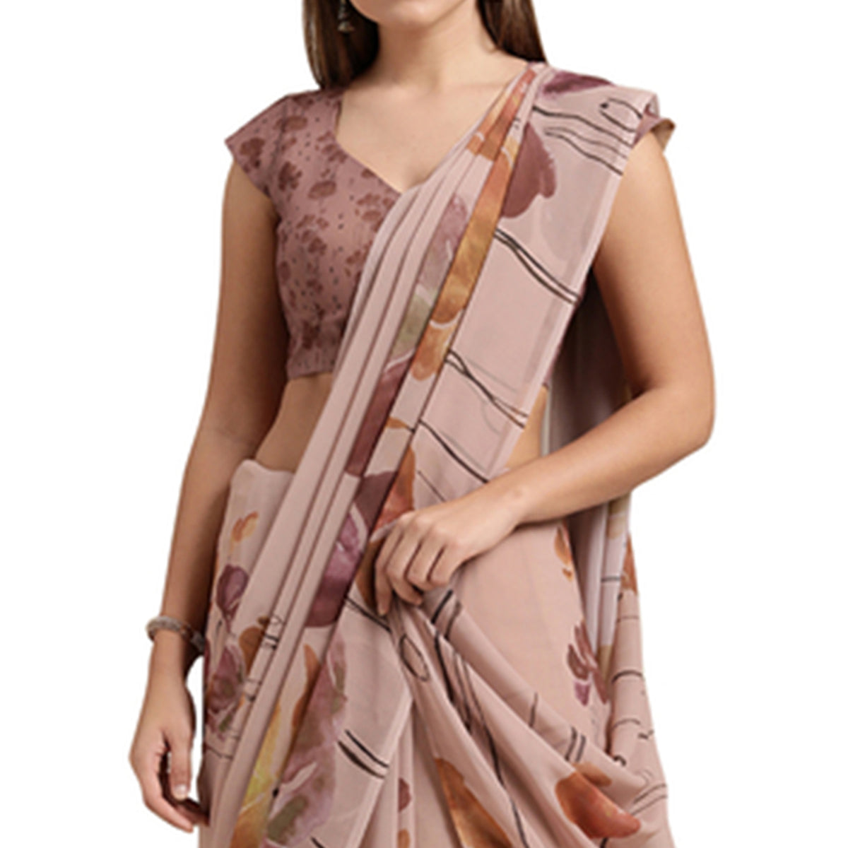 Beige Floral Digital Printed Georgette Saree