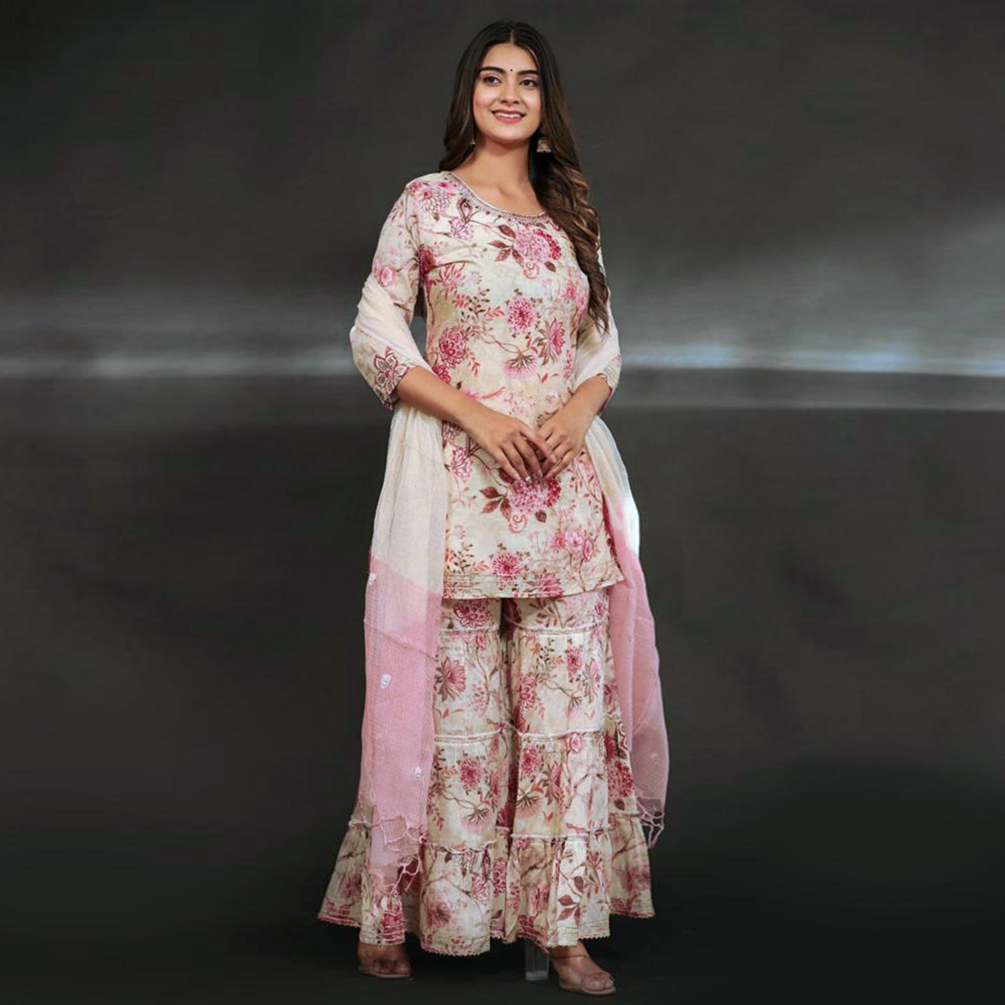 White & Pink Floral Printed Muslin Sharara Suit