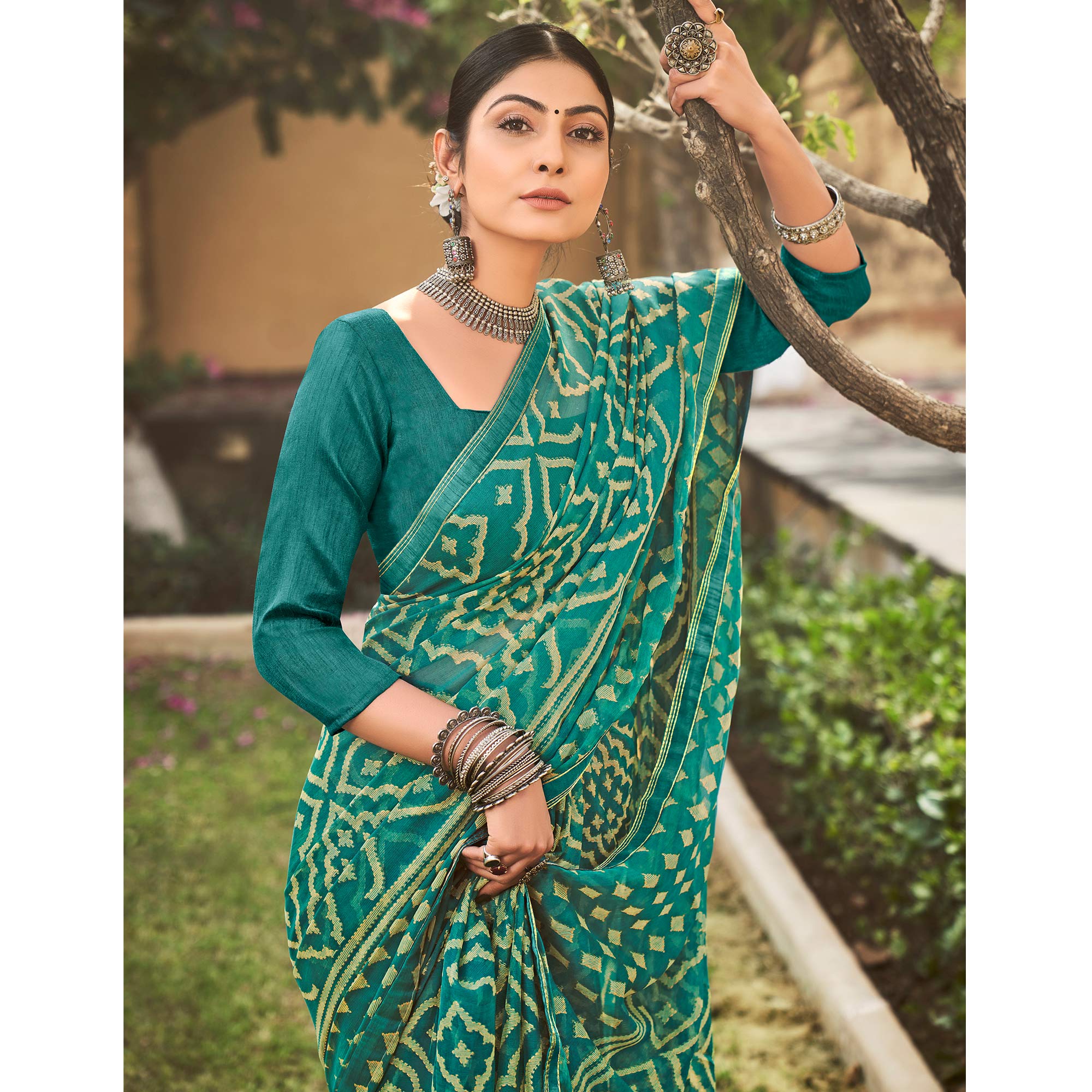 Rama Green Printed Chiffon Saree