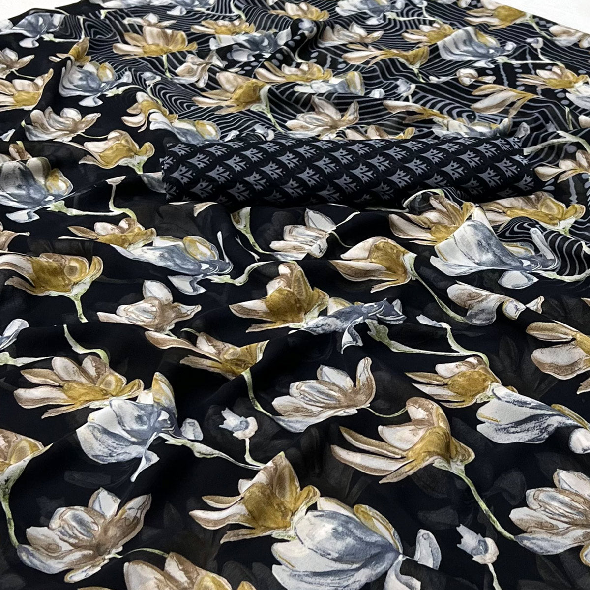 Black Floral Digital Printed Georgette Saree