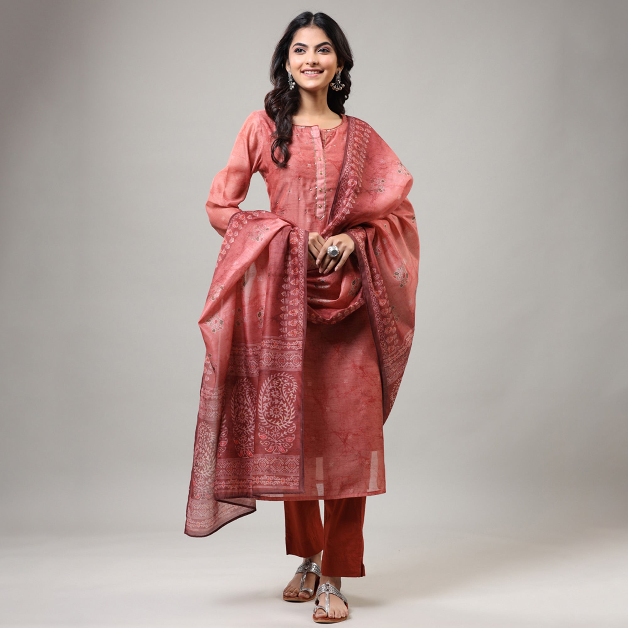 Peach Printed With Sequins Work Chanderi Salwar Suit